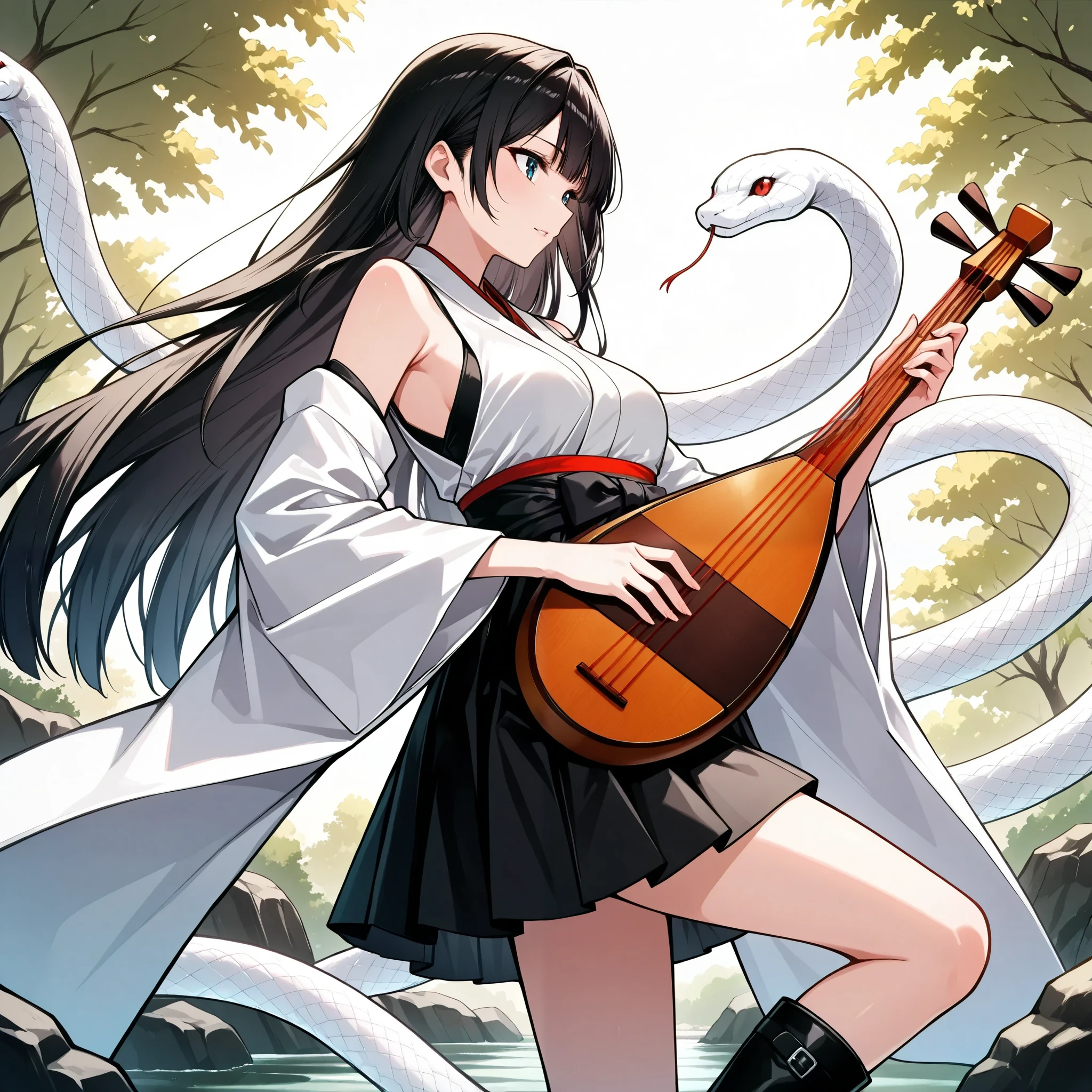 lute \(instrument\), animated illustration、from side,cowboy shot,A woman standing with her left foot in front of her,、A woman in a miniskirt standing and playing the biwa. Dancing White Serpent, sleeveless kimono、
playing instrument,Detailed hand,Hand,Perfect hand,
holding instrument,
japanese clothes,
kimono,dramatic portrait,
white snake, short boots、、In a natural park、
Benzaiten and white snake、 dynamic composition、from below, stands on a large rock in Lake、In a natural park、