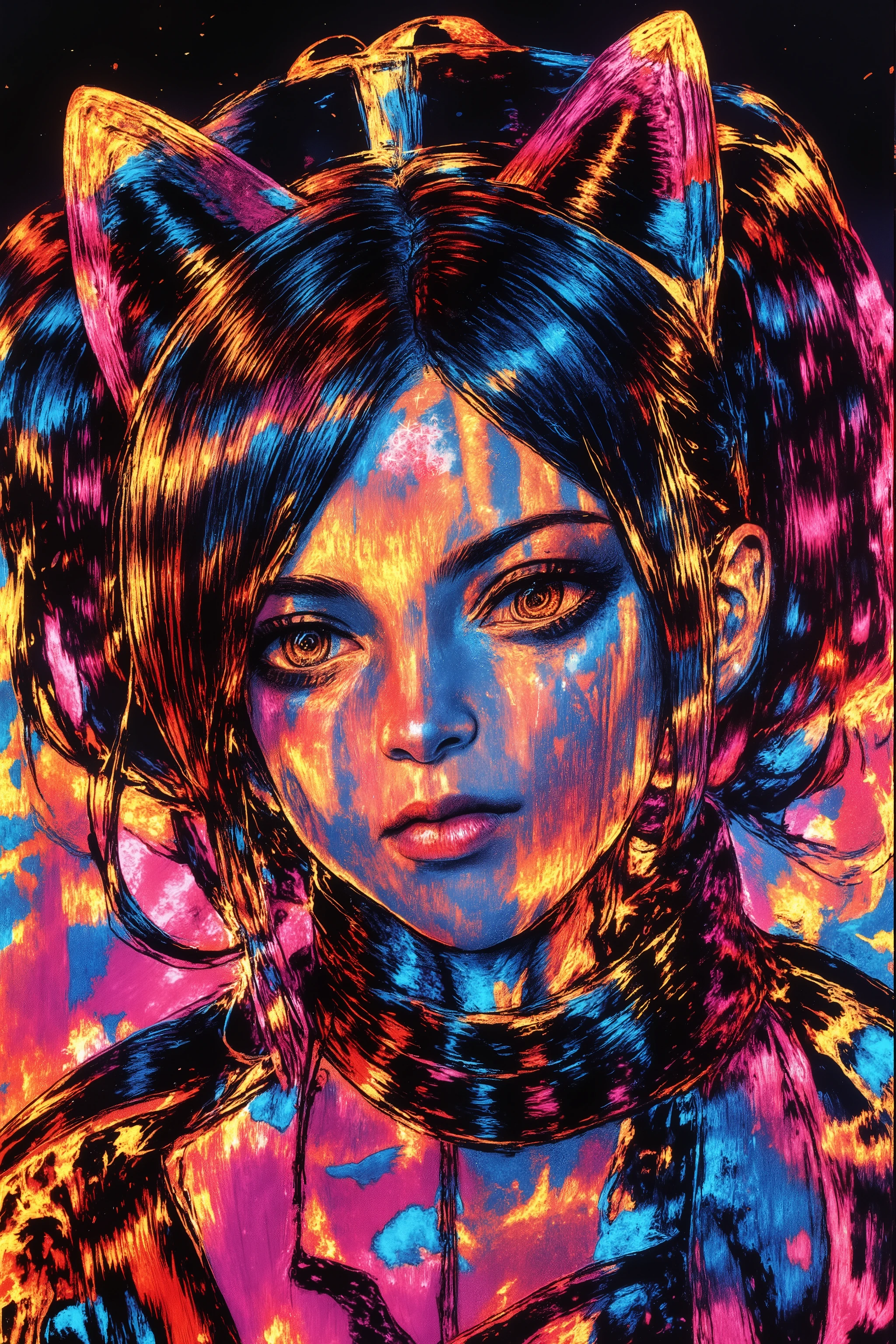 A surreal illustration in the Gradient Mesh style,very cute punk girl,upper body shot, featuring smooth blended color transitions and ethereal lighting. The character appears as if sculpted from flowing gradients, with metallic paint accents adding reflective highlights. The airbrushed surfaces enhance the fluidity, while glazing techniques create a sense of depth and transparency. Despite the seamless aesthetic, disruptive elements intrude—a grunge texture introduces rough imperfections, and chaotic paint splashes distort the harmony.upper body writing, Dust & scratches overlay the polished look with aged imperfections, while retro TV noise adds a VHS grain effect. Glitch distortions subtly fracture the otherwise smooth curves, creating a paradoxical fusion of futuristic elegance and digital decay.