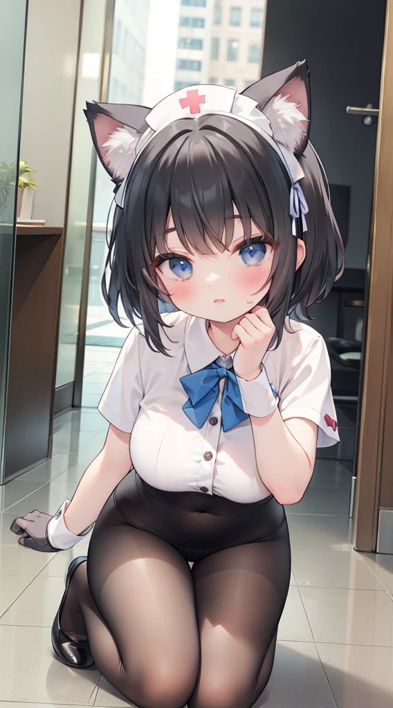 18-year-old girl,cute,Wear a white long-sleeved shirt and a black work tie,Wear black trousers,Wear black booties,Wear white gloves,wear cat ear,Wearing a collar,Black hair,Black eyes,Very thin waist,Very thin legs,Handsome,Disdainful and cold expression,shy,blush,scared,Sweating,tired,Outflow semen,Is giving sexual assault,Glove removal action,pornography,crying
