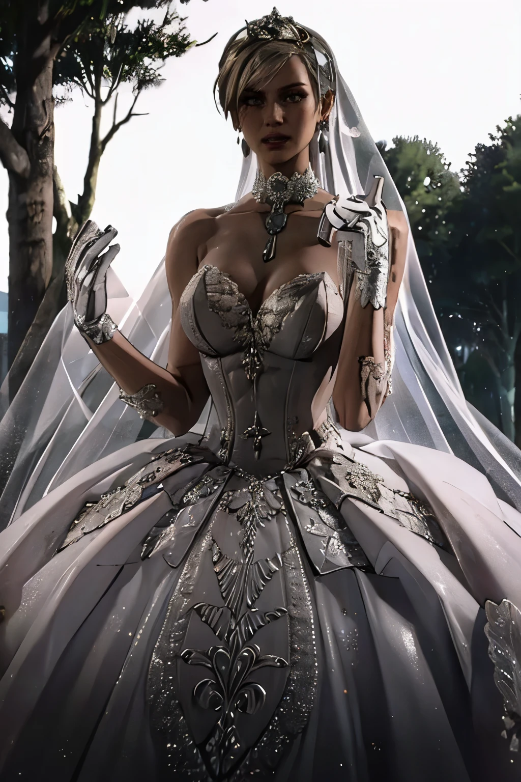 1girl, solo,Cassie Cage MK, crown,earrings ,lipstick, eye shadow, makeup, hair between eyes, ahoge, hair ornament, gloves, dress, cleavage, bare shoulders, collarbone, white oprea gloves, white gloves, white dress, strapless, white choker, tiara, veil, strapless dress, wedding dress, bridal veil, beautiful woman, perfect body, perfect breasts, wearing a wedding dress, ball gown, in the park trees, wedding decorations, looking at the viewer, smile, realism, masterpiece, textured skin, super detail, high detail, high quality, best quality, 1080p,