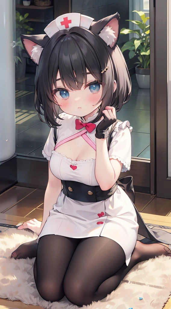 (highest quality), (masterpiece), 1080p, hd, 4k, 8K, 2Girl, chatting, ((Gothic Lolita)), off shoulder, nose blush, Lift panties, Medium chest, tights, red ribbon, thong, White panties, ((skirt)), Project from directly above, in trouble, short black hair, side up, blunt bangs, embarrassing, flustered, whole body, 18-year-old, stockings, crowded train, sit, night, Taken close up, smartphone, earrings, accessories