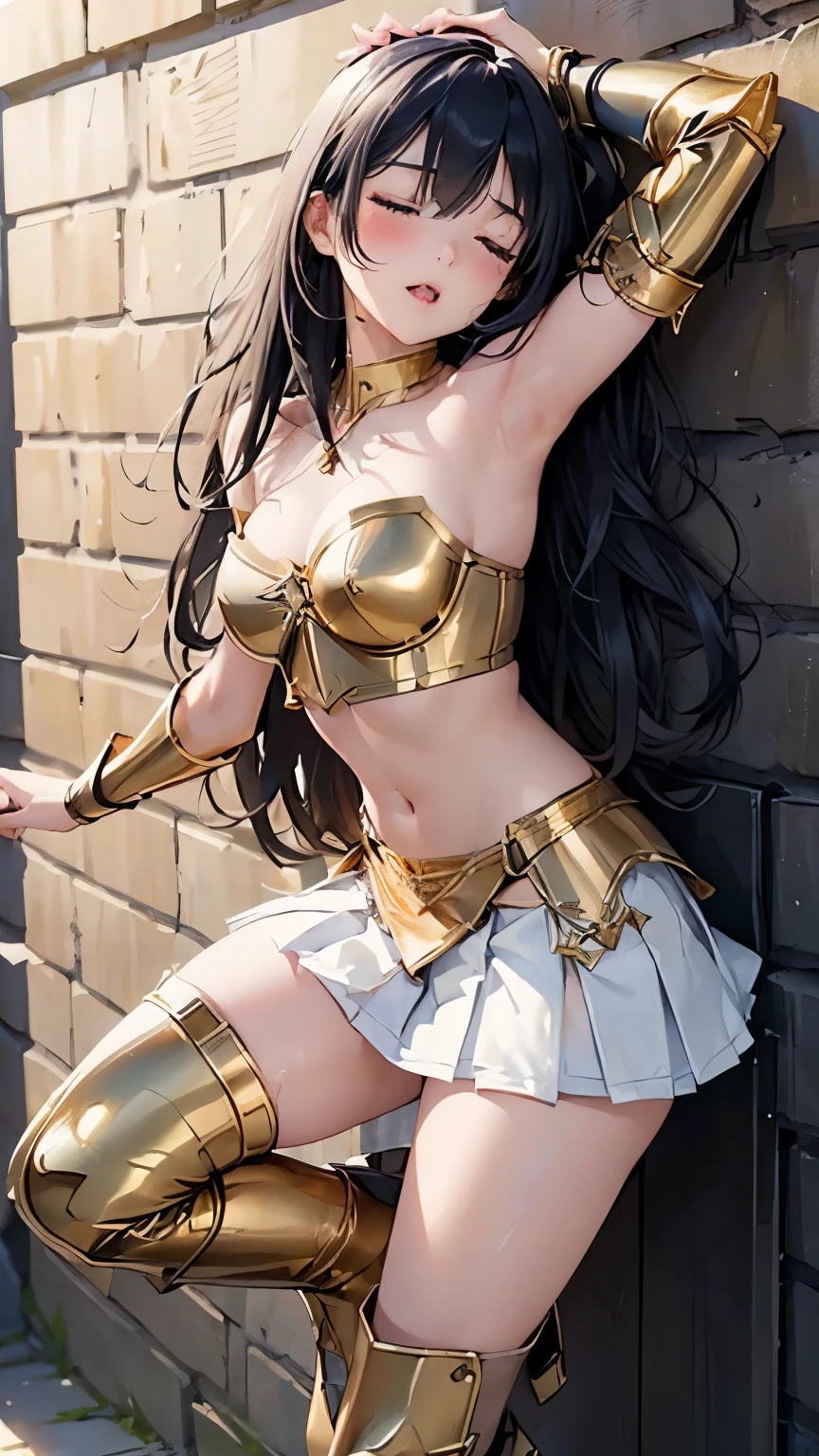 masterpiece, Highest quality, High resolution, 8K, Realistic, Very delicate and beautiful, super detailed skin, ((Fantasy)), BREAK portrait, 1 woman, 18 years old, Perfect female body, elegant mature woman, Beautiful woman, BREAK standing , full-body , toe, ((flat chest)), slender body, Cute beauty face, Ultra-fine facial texture, BREAK armor knight, (((bikini-type gold metal breastplate))), intricate decoration, (((crop top))), (((strapless dress))), ((Cleavage)), (((choker))), BRAKE (((((Thigh-length gold metal boots))))), ((gold gauntlet)), (((((white pleated skirt))))), ((white panties)), (equip a Princess Blade long sword), BREAK (navy blue hair), long hair, silky hair, swept-side bangs, ((forehead)), BREAK (((navy blue eyes))), fine eyes, puffy eyes, thin eyebrows, long upper eyelashes, Upper Eye, high fidelity eyes, ((super detailed eyes)), BREAK (((cheerful))), ((open mouth)), BREAK green background, BREAK plain wall,realistic,photorealistic, digital painting, extremely detailed, hyperrealistic, natural lighting, dramatic lighting,