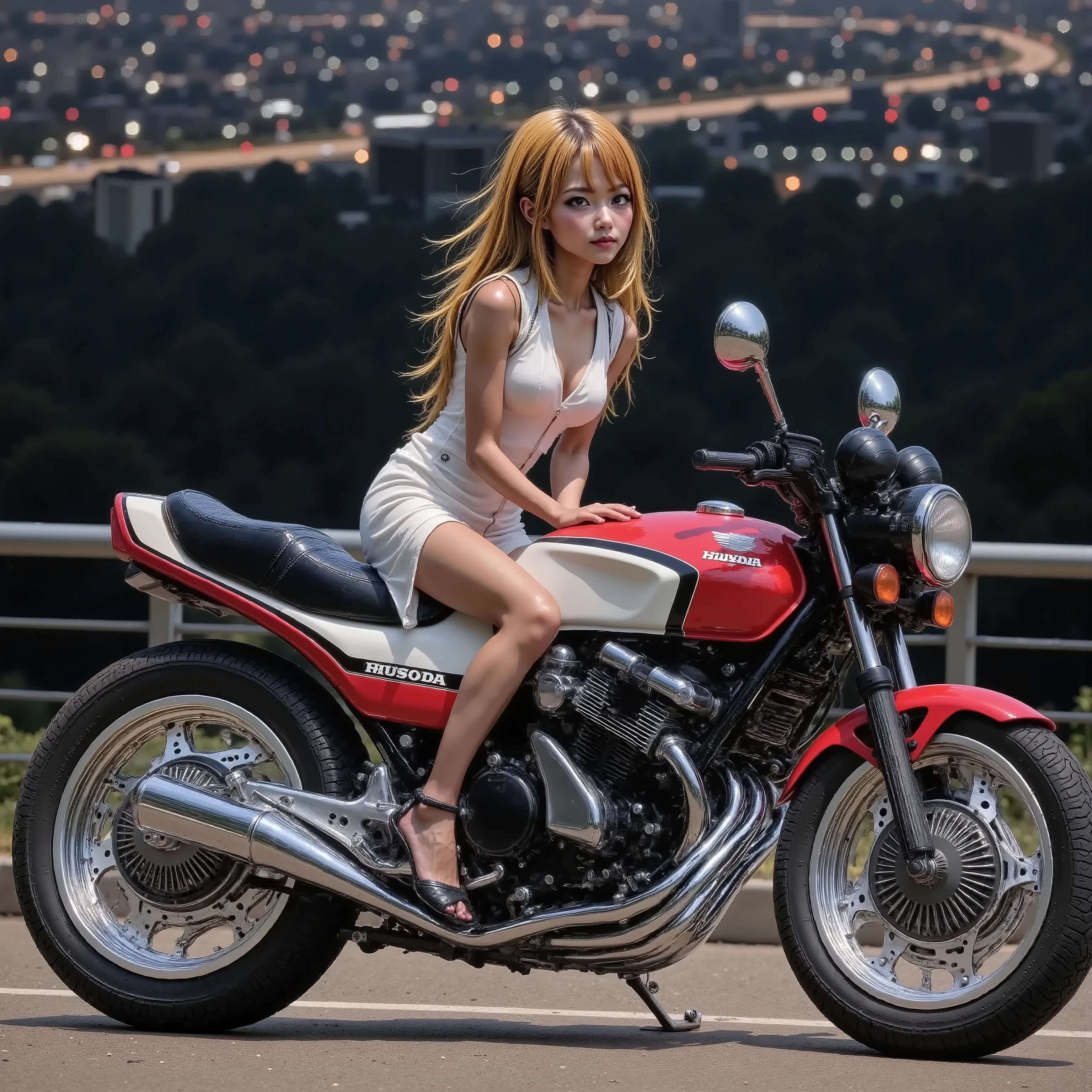 one motorcycle/CBX400F/One Girl Riding {/ Ouka-chan/}、 HONDA Racing Inline 4 Cylinder Engines 、 Titanium Frame 、Titanium full exhaust pipe 、 Magnesium Wheels 、Race Tires 、 racer separate handle、 racer back step 、 Competition Vehicles without Safety Parts 、 no background、 Accurate Wheelbase 、Accurate scale、Hilltop road overlooking the night view of the big city