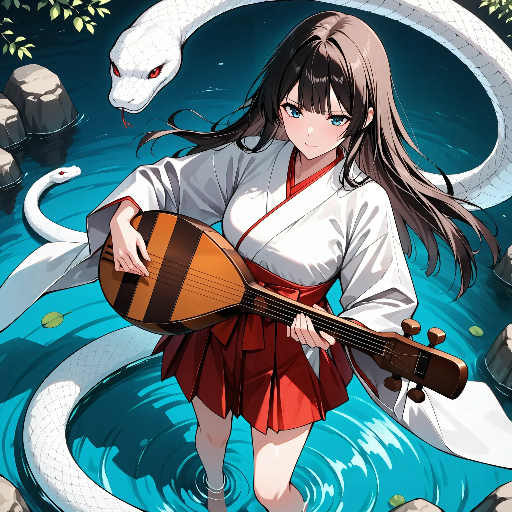 lute \(instrument\), animated illustration、from above,cowboy shot,A woman standing with her left foot in front of her,、A woman in a miniskirt standing and playing the biwa. Dancing White Serpent,
playing instrument,Detailed hand,
Hand,
Perfect hand,
holding instrument,
japanese clothes,
kimono,dramatic portrait
white snake,、、In a natural park、
Benzaiten and white snake、 dynamic composition、from below, stands on a large rock in Lake、In a natural park、