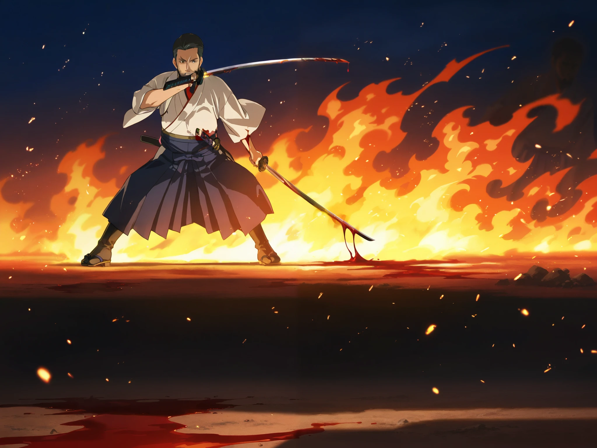 A mature man standing in((hakama )) in war field , (((holding katana covered in blood))), ground cover in fire and sparkling fire and fire particles flying