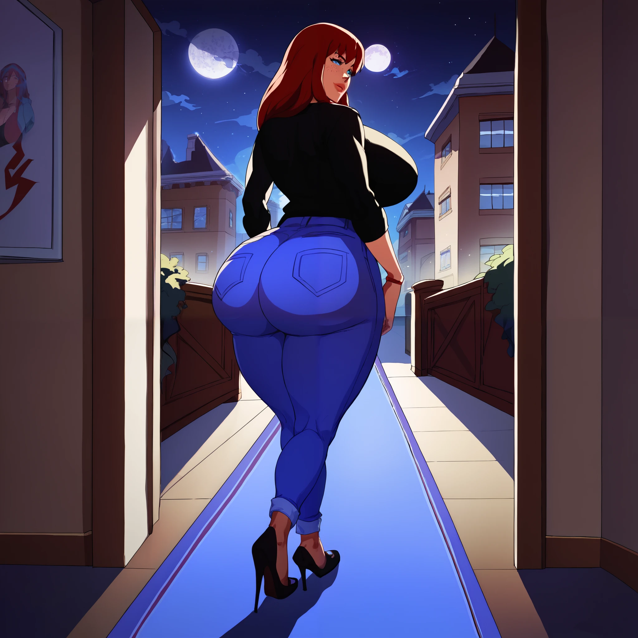 score_9, score_8_up, score_7_up, score_6_up, score_5_up, score_4_up, BREAK, 1girl, MJ, freckles arcoss face, blue eyes, dark red hair, black shirt, dark blue jeans, blue black shoes, long straight hair, 1girl, ((huge breasts, huge butt, thick thighs, curvy hips)), full body view, back view, highly detailed, masterpiece, standing, seductive smile, inside new york apartment background, dark blue walls, blue carpet, at night, moon shining down through window.