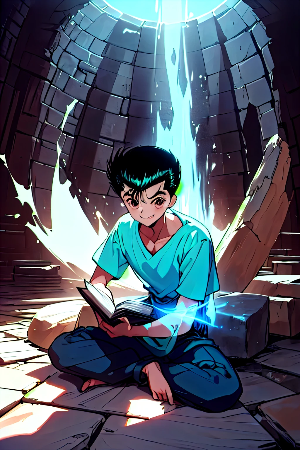 score_9, score_8_up , score_7_up , score_6_up ,  masterpiece,  league player ,  incredible quality blouse,  better aesthetics, absurdities,  intricate details, Look at the book , yusuke_urameshi_Ep,  black hair,  brown eyes, (1boy ), parte sup erior do corpo, (( enormous and vast abandoned destruction,  stone destruction , stone walls, stone floors,  stone roof window )), (vestindo roup a judaica cor branca,  his t-shirt has the color white , ( happy face,  he is holding a book ,  wrapped around his body has an aura in the color neon blue.