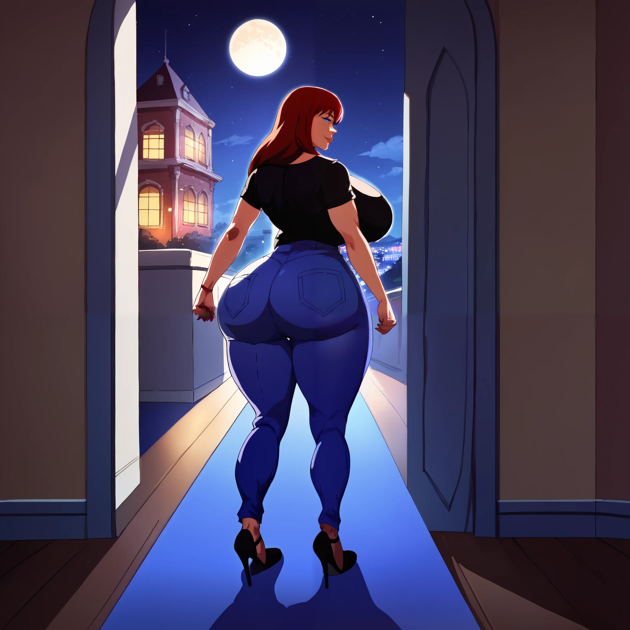 score_9, score_8_up, score_7_up, score_6_up, score_5_up, score_4_up, BREAK, 1girl, MJ, freckles arcoss face, blue eyes, dark red hair, black shirt, dark blue jeans, blue black shoes, long straight hair, 1girl, ((huge breasts, huge butt, thick thighs, curvy hips)), full body view, back view, highly detailed, masterpiece, standing, seductive smile, inside new york apartment background, dark blue walls, blue carpet, at night, moon shining down through window.