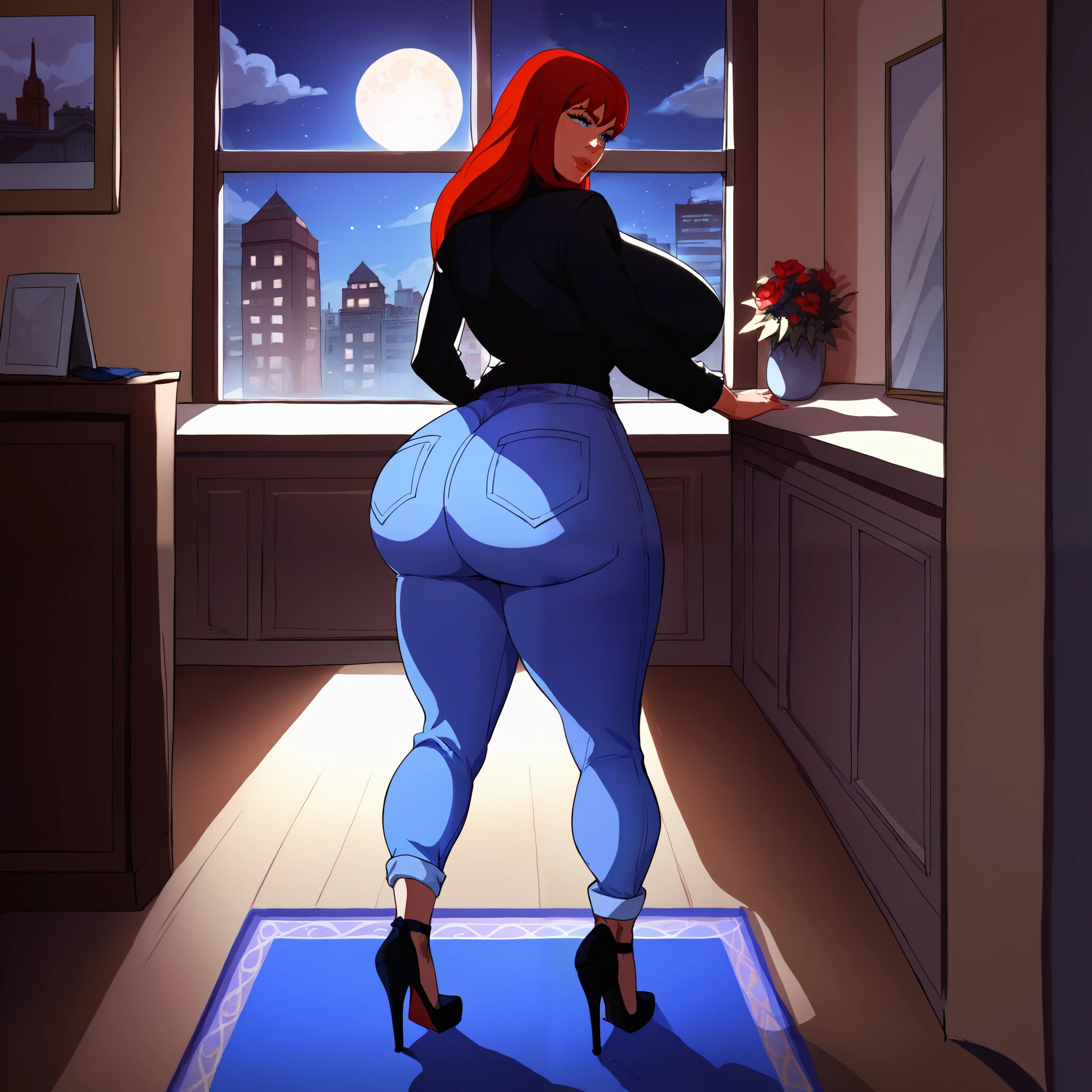 score_9, score_8_up, score_7_up, score_6_up, score_5_up, score_4_up, BREAK, 1girl, MJ, freckles arcoss face, blue eyes, dark red hair, black shirt, dark blue jeans, blue black shoes, long straight hair, 1girl, ((huge breasts, huge butt, thick thighs, curvy hips)), full body view, back view, highly detailed, masterpiece, standing, seductive smile, inside new york apartment background, dark blue walls, blue carpet, at night, moon shining down through window.
