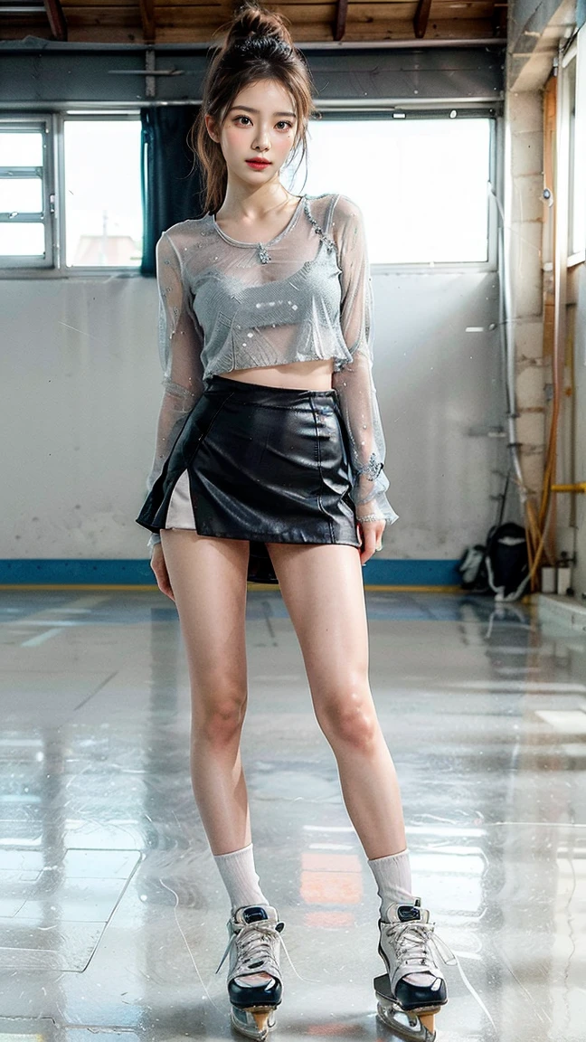 (8k、RAW Photos、Highest quality、masterpiece:1.2)、(Realistic、Realistic)、1 Girl、((White and black see-through dresini skirt、Dark Stage、Exposed Skin、whole body、boots、View from the front、Looking at the camera、Stand with hands on hips))、cute