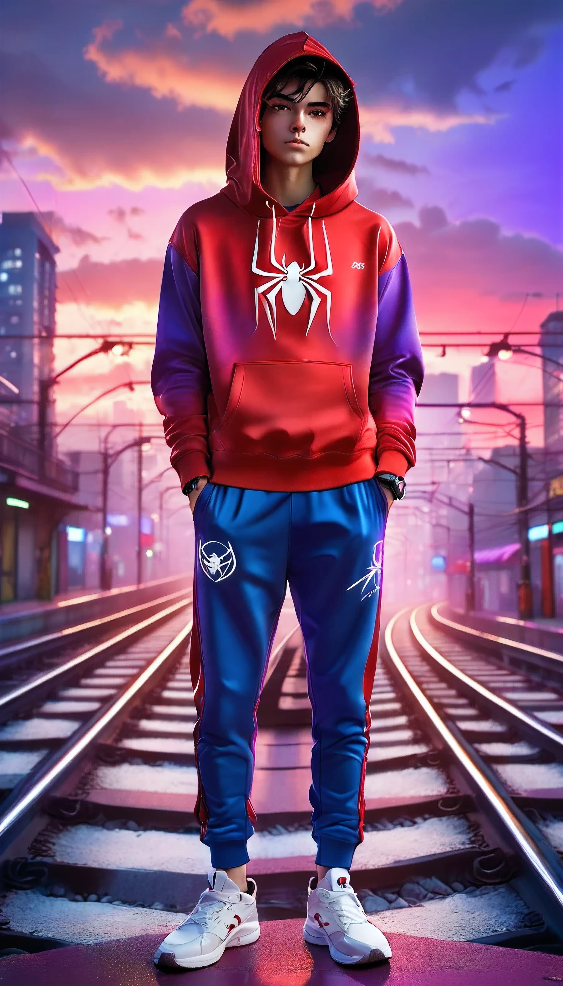 "A stylish young superhero wearing a red hoodie and blue jogger pants with a spider logo on the chest, white sneakers with red accents, standing confidently on urban railway tracks at sunset, vibrant neon city lights in the background, dramatic colorful sky with purple and pink hues, cinematic lighting, futuristic aesthetic, highly detailed, anime-inspired illustration."