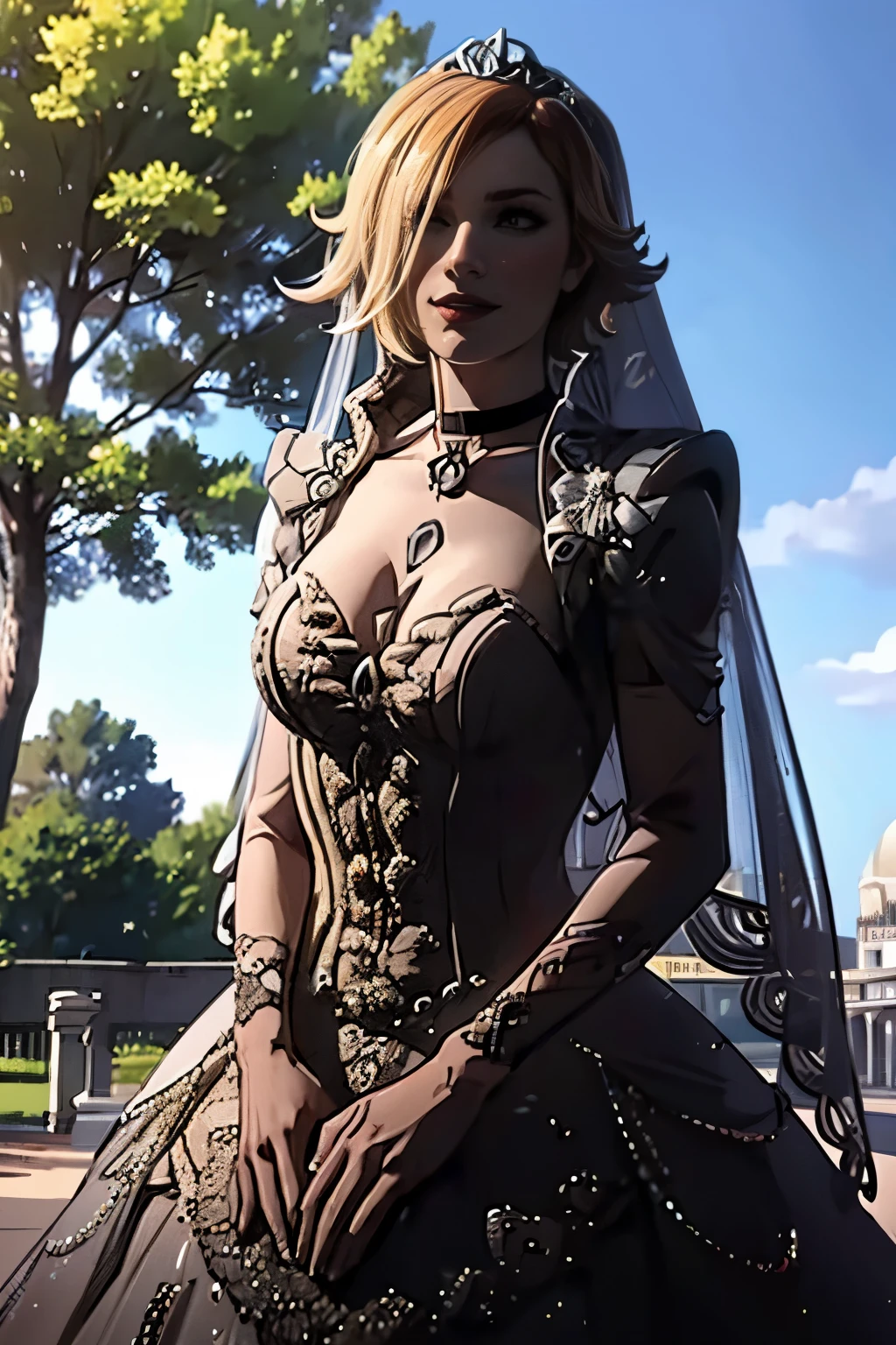 Lilith Borderlands,  hair between eyes, ahoge, blonde hair, star \(symbol\), hair ornament, ruffled tulle dress, cleavage, bare shoulders, collarbone, long black elbow gloves, black gloves, black dress, black choker, strapless, tiara, veil, strapless dress, princess dress, veil, beautiful woman, perfect body, perfect breasts, wearing a princess dress, ball gown, in the park trees, wedding decorations, a warm smile, realism, masterpiece, textured skin, super detail, high detail, high quality, best quality, 1080p, 16k