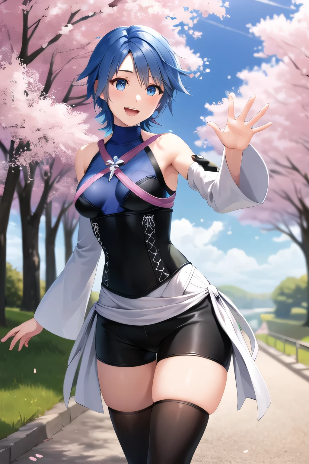masterpiece, best quality, highres, aaaqua, short hair, blue hair, blue eyes, medium breasts, turtleneck, harness, blue shirt, detached sleeves, corset, black shorts, waist cape, black thighhighs, smile, open mouth, waving, standing, cowboy shot, cherry blossoms, outdoors,