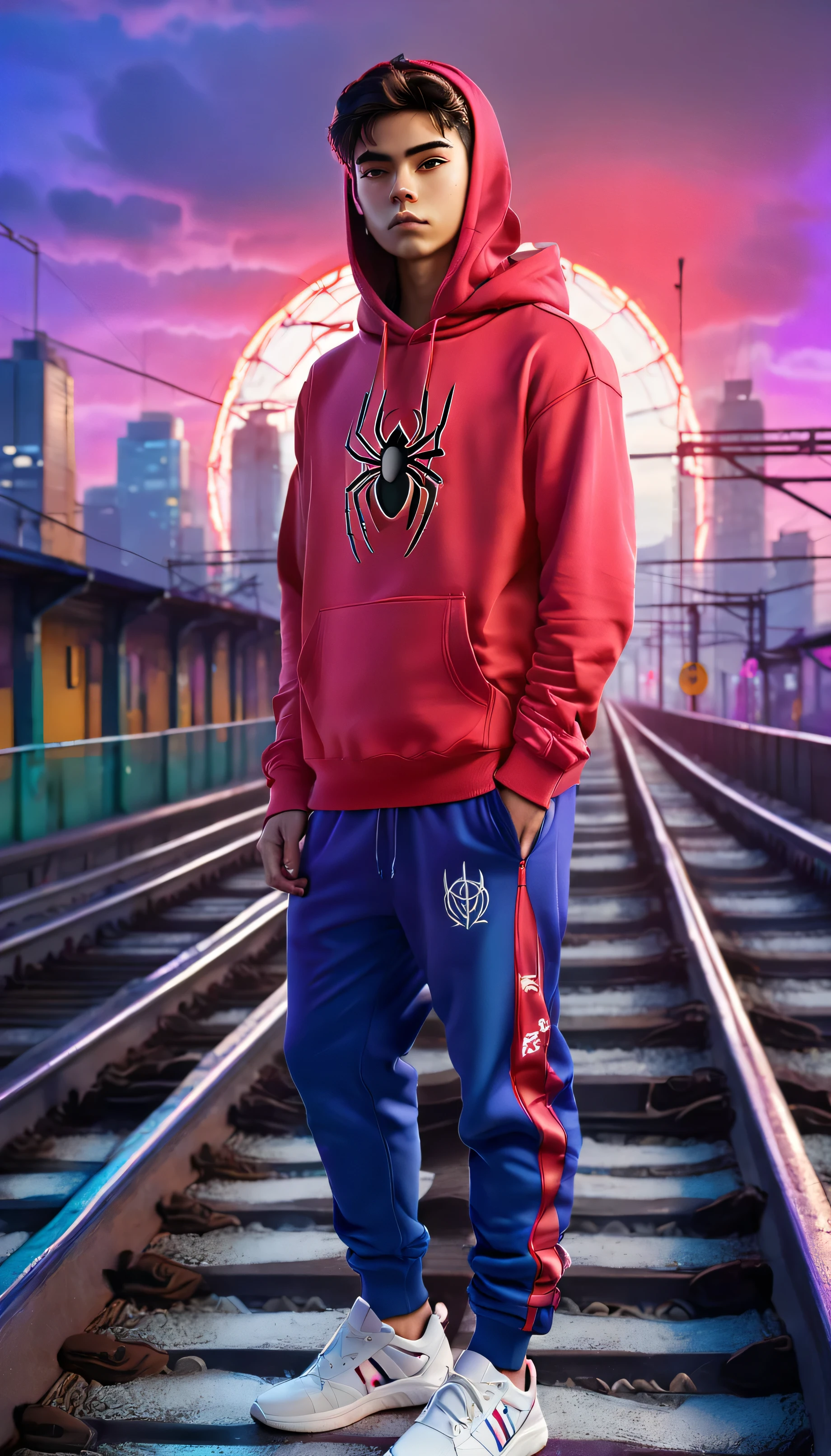 "A stylish young superhero wearing a red hoodie and blue jogger pants with a spider logo on the chest, white sneakers with red accents, standing confidently on urban railway tracks at sunset, vibrant neon city lights in the background, dramatic colorful sky with purple and pink hues, cinematic lighting, futuristic aesthetic, highly detailed, anime-inspired illustration."