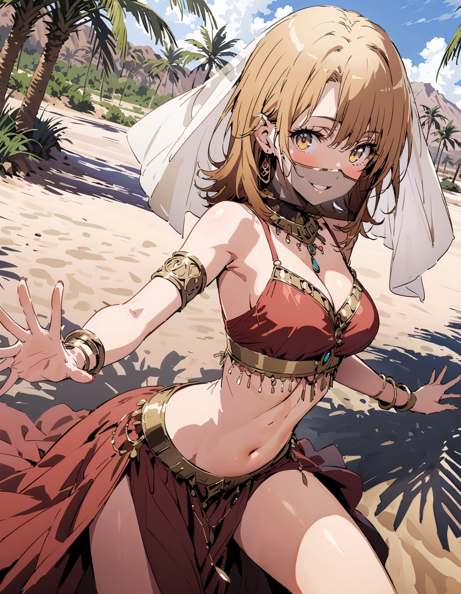 Irohaisshiki, Isshiki Iroha , short hair, brown-haired , Alone, brown eyes,smile,blush,Bare legs,Medium breast, cleavage,,Arabian clothing, dancer, mouth Veil, belly Dancing, Veil, armlet, palm tree , Dancing, smile,whole bodyがイラストに入るように,
break outdoors, desert, oasis,
break looking at viewer,whole body,
break ( Masterpiece:1.2), top quality , kampala,unity 8k wallpaper,(shape:0.8),( fine, beautiful eyes :1.6),It's a person ,whole body写真,CG Details , ( perfect hands, Complete Anatomy),
