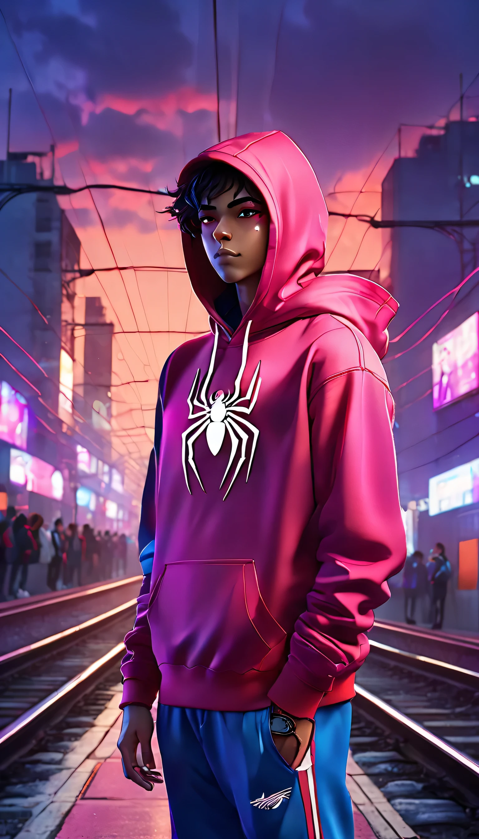 "A stylish young superhero wearing a red hoodie and blue jogger pants with a spider logo on the chest, white sneakers with red accents, standing confidently on urban railway tracks at sunset, vibrant neon city lights in the background, dramatic colorful sky with purple and pink hues, cinematic lighting, futuristic aesthetic, highly detailed, anime-inspired illustration."