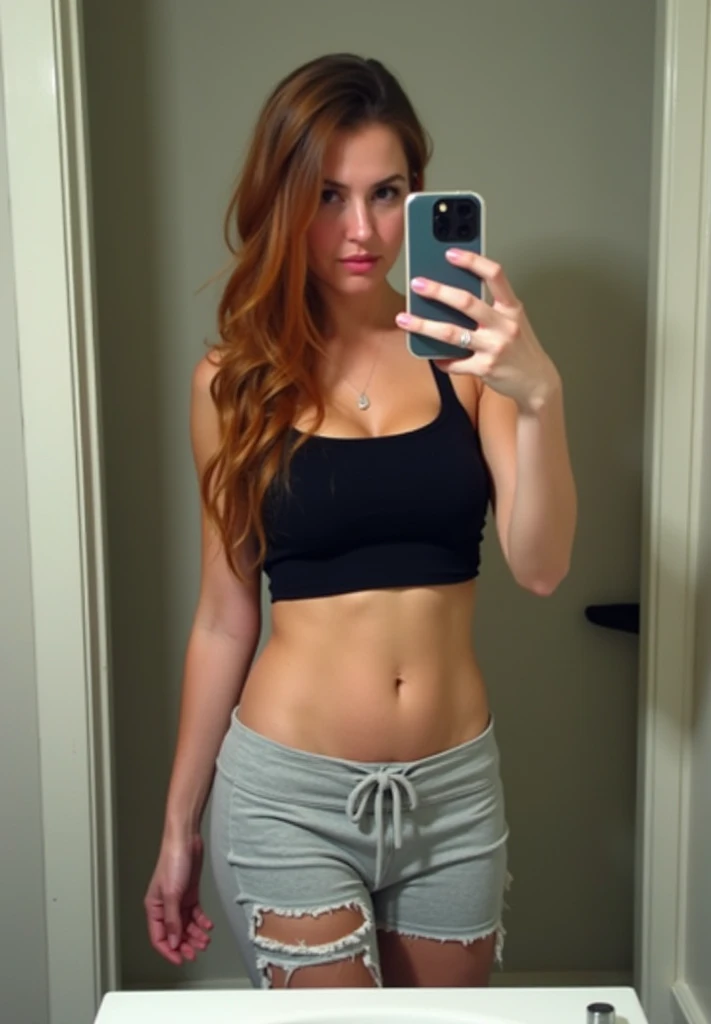 busty curly red head woman, wearing a sporty black brassiere, posing for a selfie in front of a mirror. The phone is partially covering her face.