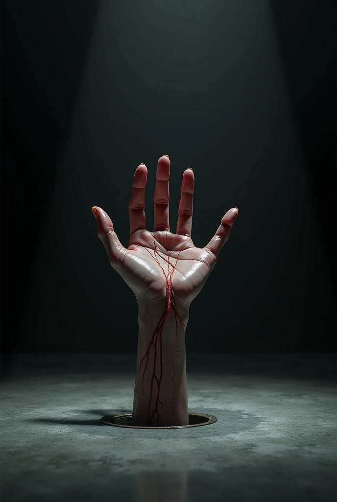 Create a terrifying image of a bloody human hand emerging from a ceramic floor, Clamped to the ground, with a black background and a light illuminating it from above. "Hand with 5 fingers"
