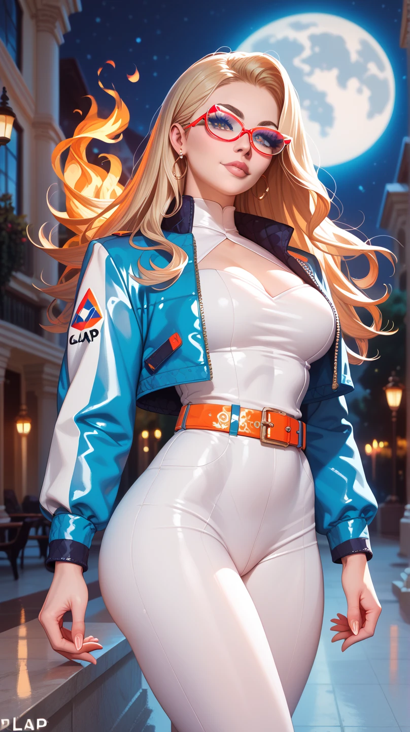 Girl with long blonde hair in a ponytail, red lips, blonde fox ears and tail, big breasts, wearing a tight light blue and orange pilot suit, headphones, sunglasses