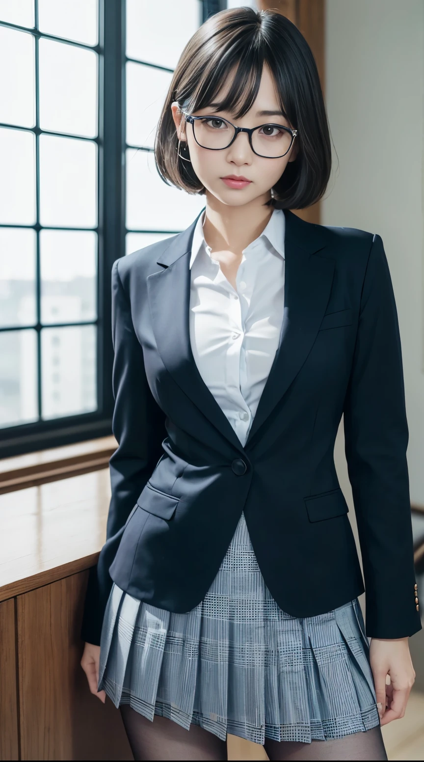 (High resolution:1.3), (16k, Photorealistic, Raw photo, SNS Photos, Best image quality: 1.4), Japanese, (One Girl), Beautiful Face, (A vivid face), (Black-haired、short hair:1.3), Beautiful Hairstyles, Realistic eyes, Beautifully detailed eyes, (Realistic Skin), Beautiful skins, attractive, 超A high resolution, Surreal, High detail, Golden Ratio, Highly detailed cute girl,(20-year-old), office, seminude, business suit, Business Skirt