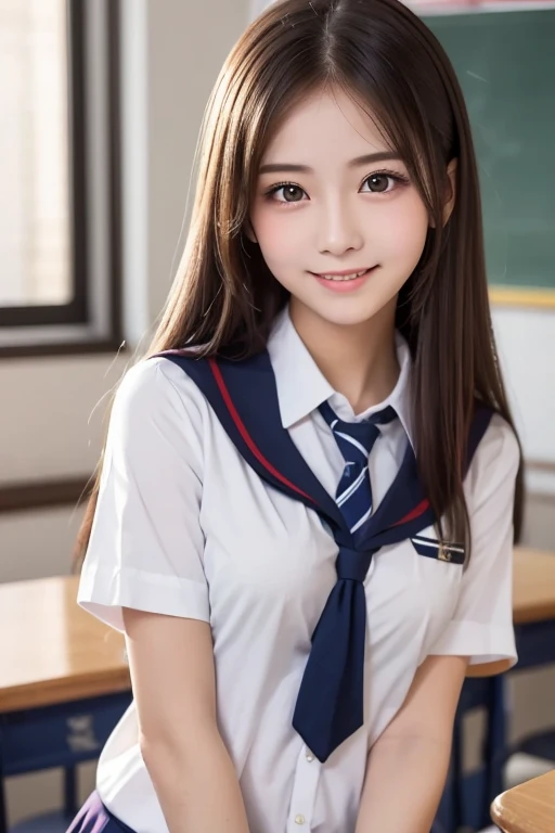 (top-quality、masutepiece、超A high resolution)、(Looking at the camera、Kamimei:1.2、a smile:1.5)、(Semen、a wet body:1.4)、inside in room、a beauty girl、a blond、bangss、Medium hair、cleavage of the breast、kawaii faces、Beautiful eyes、((hi-school girl、a sailor suit、skirt by the、Black knee-high socks))