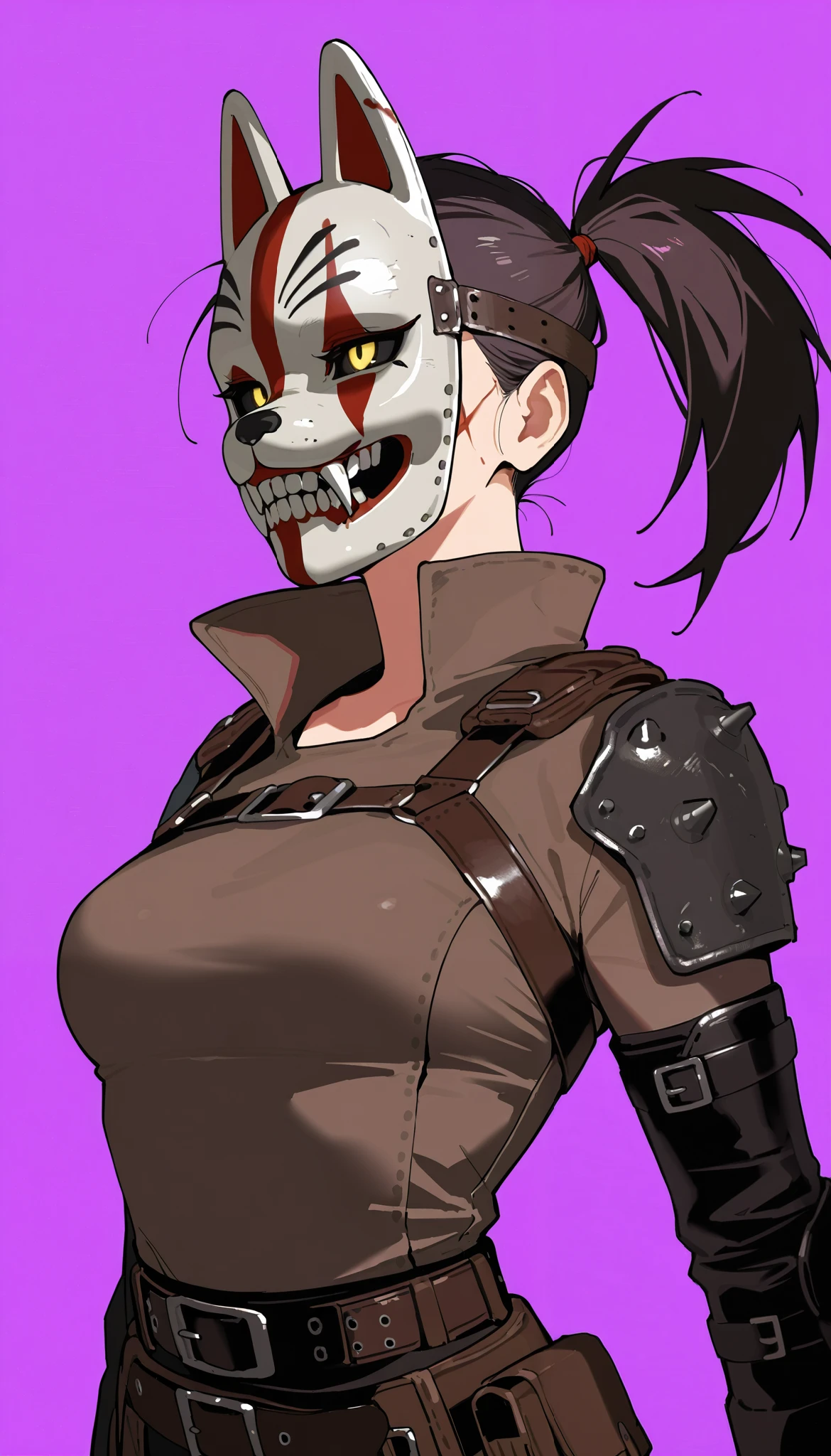 1girl, solo, (simple background), yellow eyes, black_sclera, purple background, (upper body at the waist), tall woman, medium breasts, mad max clothes, upper body, ((Masterpiece)), (( top quality), high definition, detailed face , clean eyes, A mask on his face , an indignant face , (dinamic amature composition), (one thick pigtail), medium breasts