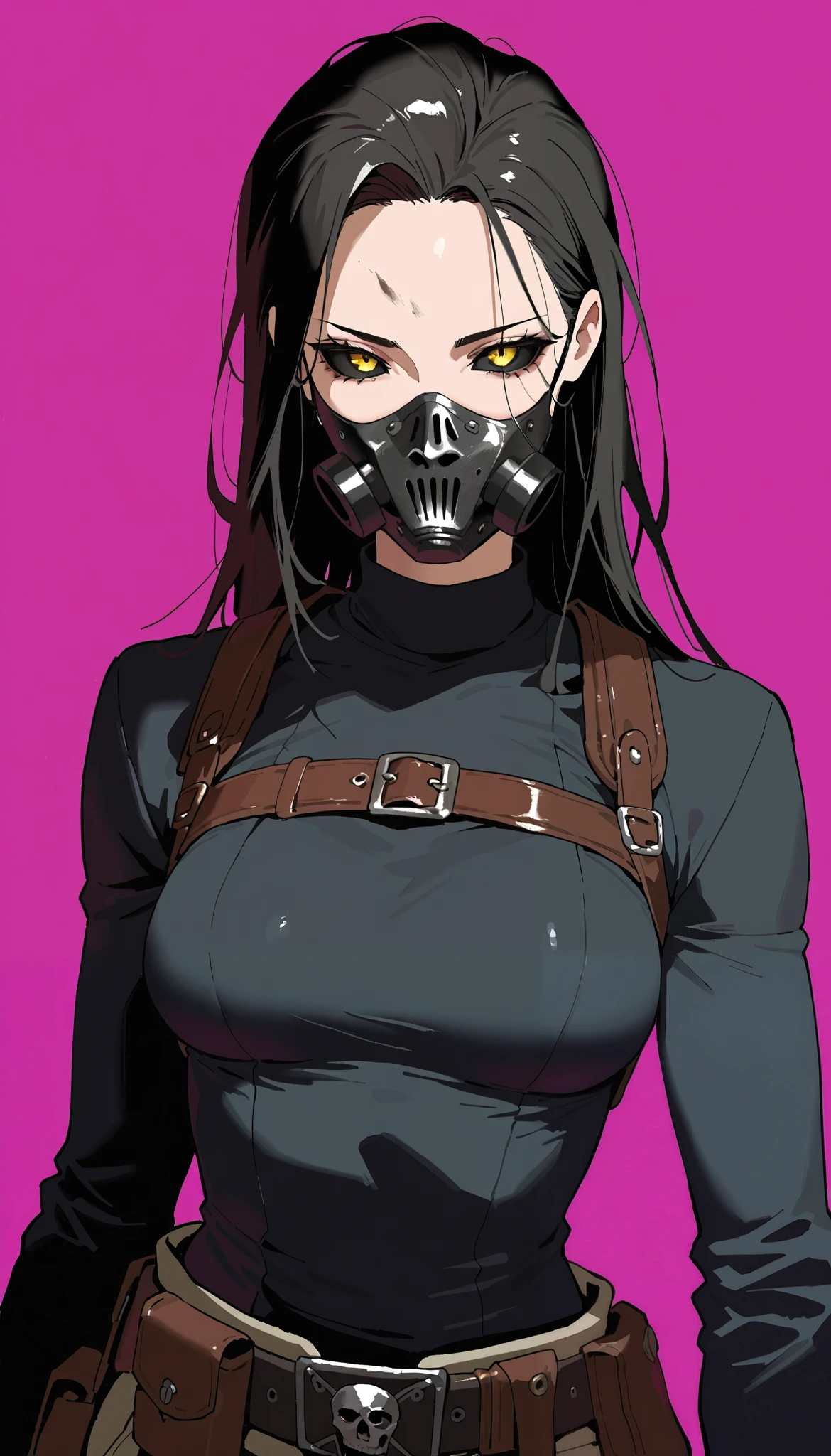 1girl, solo, (simple background), yellow eyes, black_sclera, purple background, (upper body at the waist), tall woman, medium breasts, mad max clothes, upper body, ((Masterpiece)), (( top quality), high definition, detailed face , clean eyes, A mask on his face , an indignant face , (dinamic amature composition)