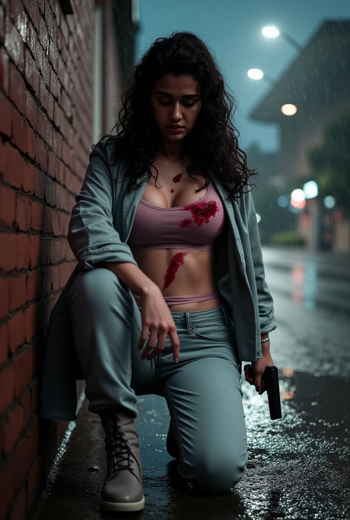 Wet (hair, clothes and skin wet in the rain), Bloodied (blood stains over clothes and body) and mortally wounded female assassin, gunshot wounds in her right breastfeeding and navel, copious blood flowing from her wounds, wearing a light grey jacket and pant with light pink revealing sleeveless tshirt and heeled boots, clothes stained crimson red with blood, falls down to her knees alone in the city late at night taking support of an adjacent brick wall, Glock weakly held in her  hand pointing down at the ground, gasping for air, Face drowzy and tierd, rainy night in the city ambiance, front angle low level view