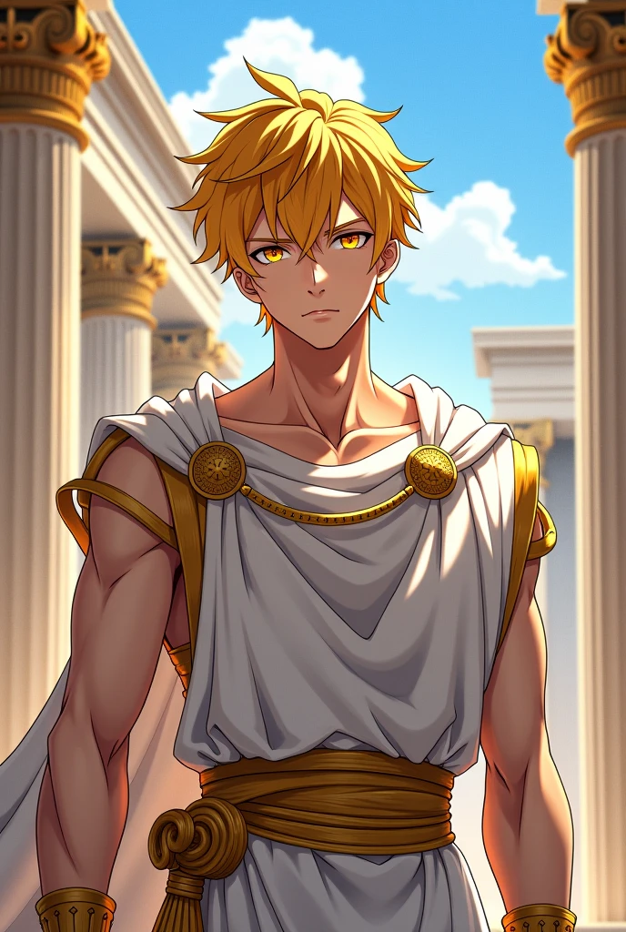 make me an oc from Boku no hero academia Genre: male skin: blonde hair: Brown with dark brown highlights background: In the sanctuary pose: Waving clothes: a red Greek toga
