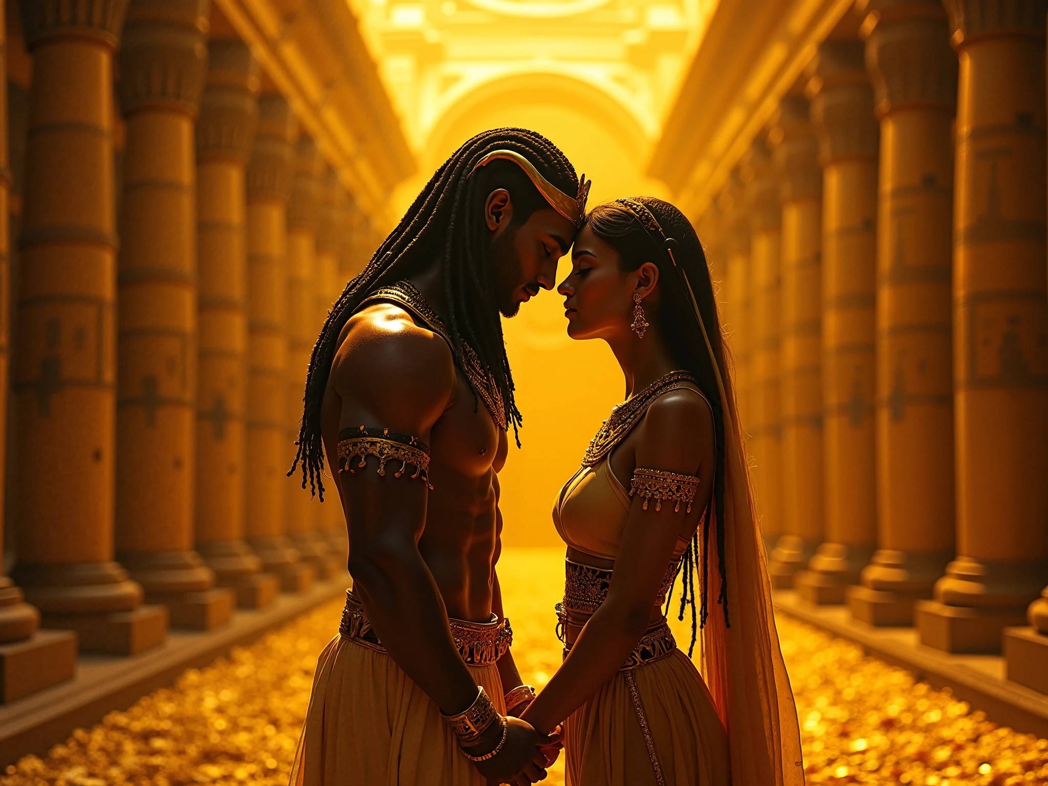 1. Hezekiah and Isaiah kneeling in prayer before the temple in Jerusalem, with the setting sun lighting up the burning sky in the background. ((Biblical history, imagem 8k, rosto bem definido, High Quality Resolution))