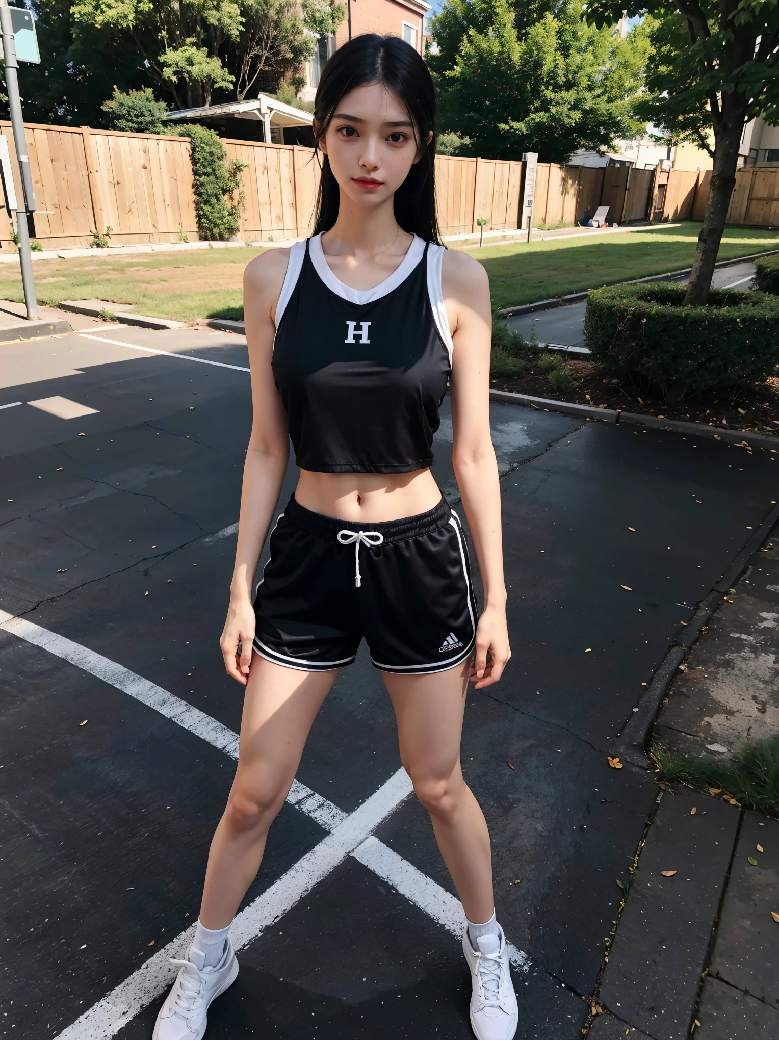 (RAW photo:1.2),(photorealistic:1.4),(masterpiece:1.3),(best quality:1.4),ultra high res,
HDR,8k resolution,
dreamlike,
check commentary,commentary request,scenery,((no text)),
solo focus, (full body),
(detailed eyes),(detailed facial features), (detailed clothes features),
skin tight, (shiny skin),(slender girl),(slim girl),
(1girl,solo),VirtualGirl-Rin, happy, smile, (small breasts), bangs, bob hair, short hair, brown hair, brown eyes, black choker,
university student, schoolgirl, white high school sportswear,red sports shorts,sneakers,