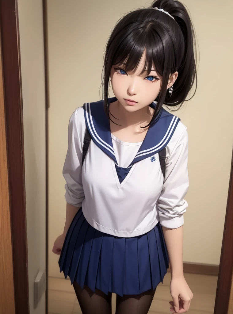 (masterpiece, best quality:1.2, perfect hands, parfect fingers, parfect face, high resolution, high detail, 16k), 1 girl, solo, cute, (((junior, , childish, 13 yby face, middle school student, js))), japanese girl,smile, cowboy shot, hotelroom, black serafuku, half sleeve, sailor scarf, pleat skirt, gigantic breast, puffy areola,