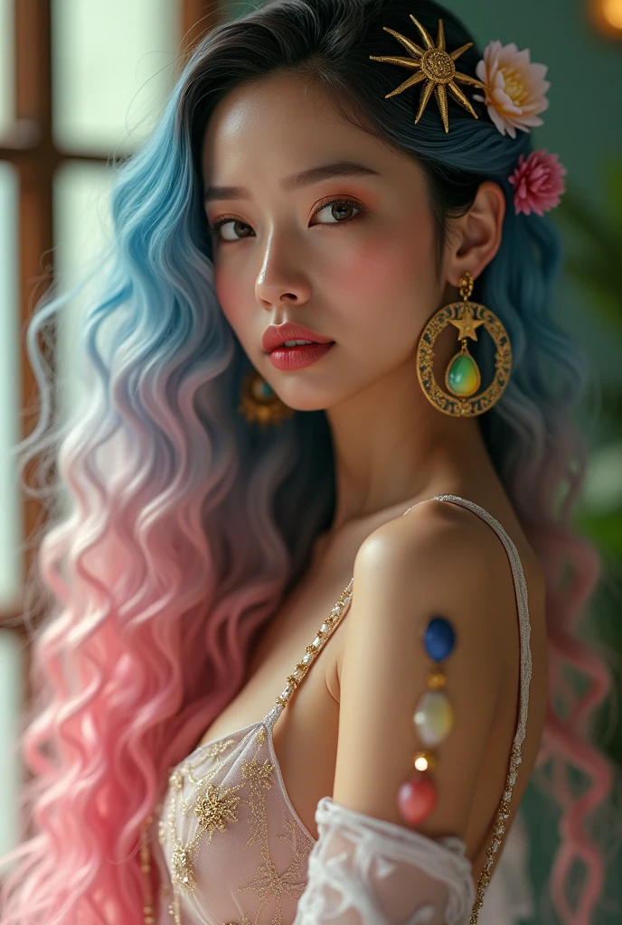 Highest quality, masterpiece, Ultra-high resolution, (Realistic: 1.4), RAW Photos, 1 Girl, Shiny skin, (Ultra-Realistic Details)), Portraiture, Global Illumination, Shadow, Octane Rendering, 8K, Ultra Sharp, big, South Korea details, Very intricate detail, Realistic Light, CGSoation Trend, Purple eyes, Glowing Eyes, To the camera, Neon Details,(Lighting on face:1.5)),((Delicately depicting the face:1.2)),((multicolored hair colors:1.5)),((Dreadlocks:1.4),(((Completely naked))),(((nsfw)))