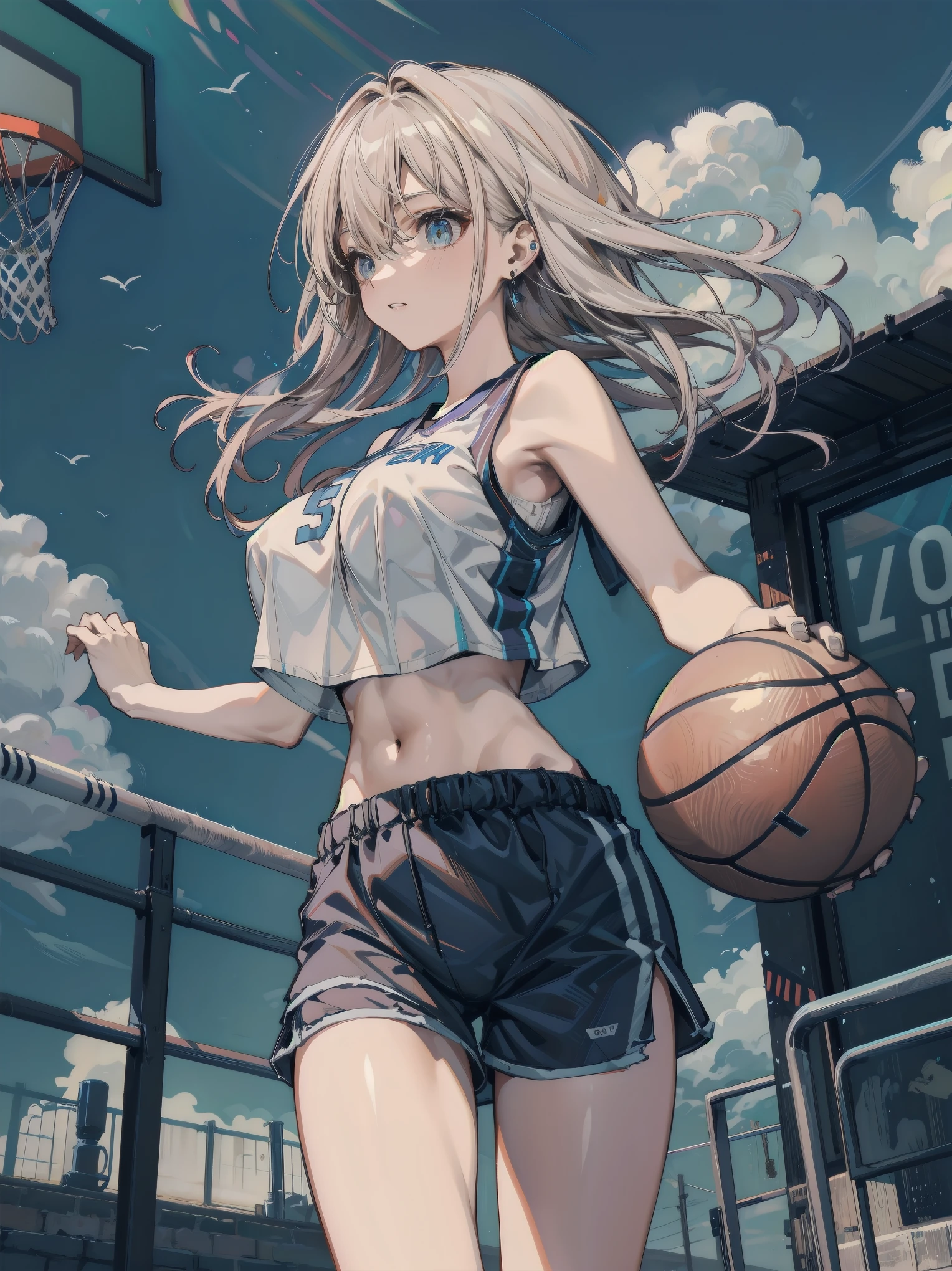 Close-up shot of a woman holding a basketball in a standing position, looking at the camera, wearing a basketball uniform, basketball court background, cat ears, silver hair, bra, inner sentry, chest cleft, pants, (tight and conspicuous pants)) tight white soft clothes, NBA, masterpiece, photo details, especially eye, detail, paying attention to the emphasis on realism It is a realistic masterpiece. This is the official background, super camel, aesthetic, aesthetic, top quality, display elegance and aesthetics of images, 8K, cinematography, 4HD, highlight tight wear, conspicuous underwear, slotted chest
