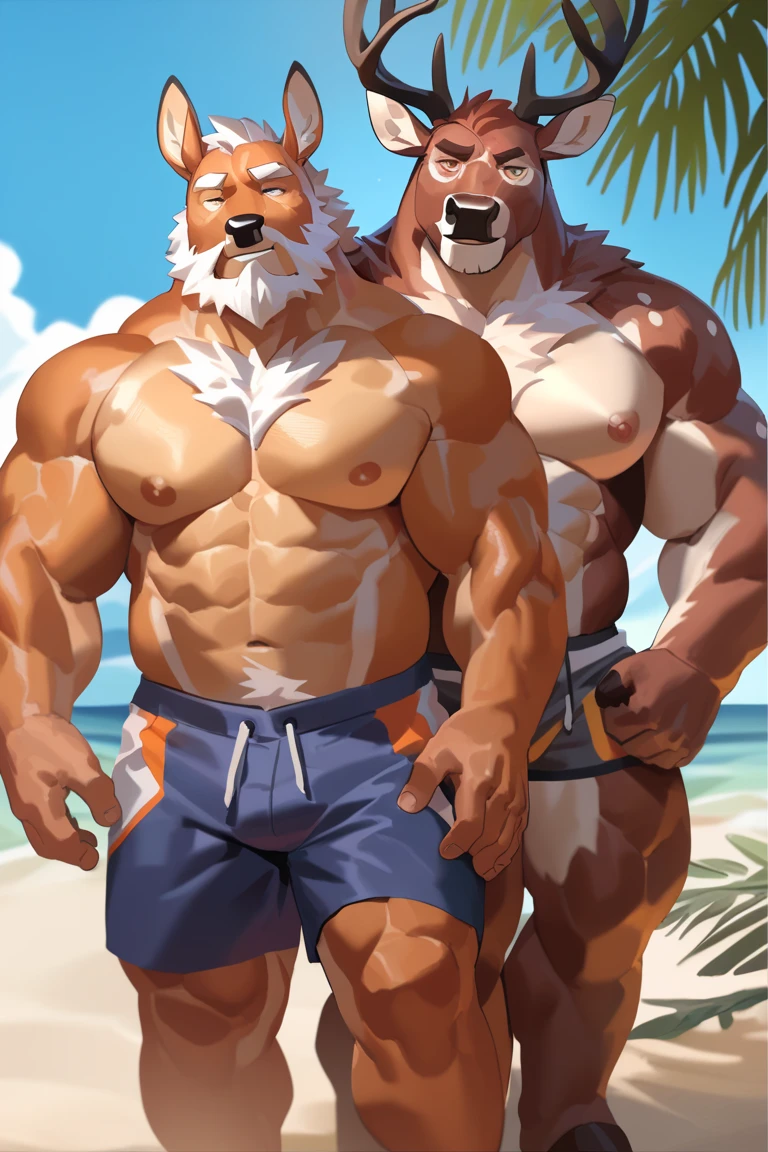 Duo, Anthro, two males, male (((Doberman, muscular, brown fur, black body, black nose, ears, blue eyes, big pecs, abs, teeth, pointy ears, black nipples, black areola, facial hair, subtle beard, backwards baseball cap, red thong, bulge))) smirking, no hair, same height, biped (((Rottweiler, sun glasses, muscular, brown fur, black body, green eyes, teeth, black nipples, black areola, muscular, big pecs, abs, folded ears, ears, teeth, tail, green thong, bulge))) standing, standing next to eachother, standing side by side, flexing, biped, beach, detailed eyes, detailed sun glasses, detailed abs, detailed bulge, detailed teeth ((focus two males, focus sun glasses, focus subtle beard, focus baseball cap, focus eyes, focus abs, focus duo, focus standing side by side, focus standing next to eachother)) inter species, full body, perfect anatomy, by darkgem, by mystikfox61, by glitter trap boy