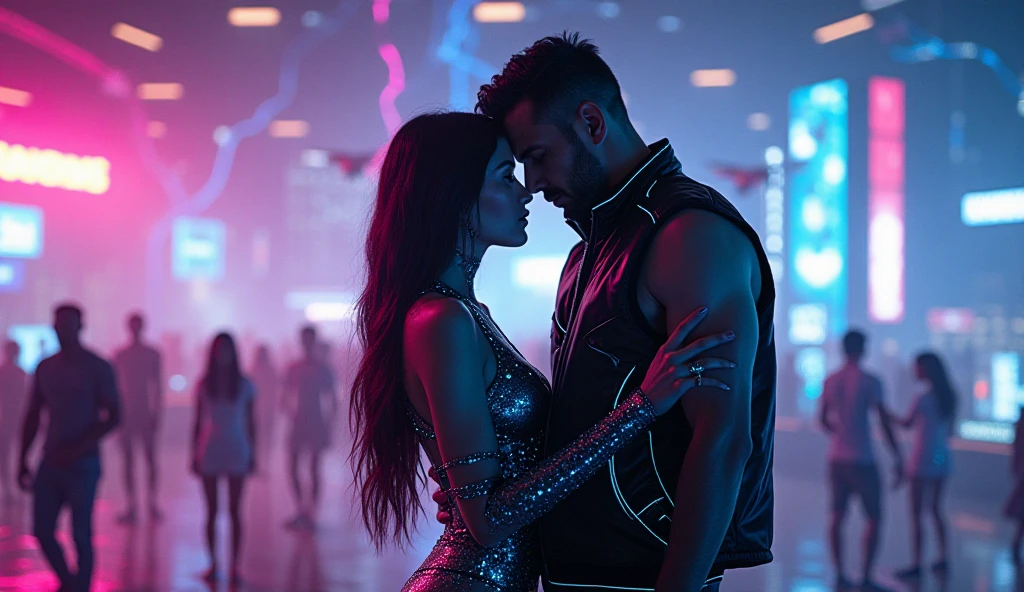 cyberpunk masquerade couple dancing in a futuristic ballroom, high detail, long shot, wide shot, 4K, 3D, REALISTIC, (iridescent glow smoke), UHD, 32K, very bold neon colors, black light, neon light