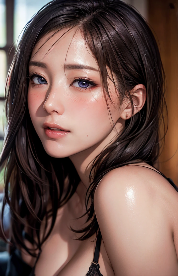 PM, (Purple Latex Suit:1), Golden Fringe Shorthair, Light brown eyes, (Japanese girl),1girl in, 27yr old, Innocence, (Photorealsitic),(top-quality:1.4), (超A high resolution:1.2), 超A high resolution, (A detailed eye), (detailed facial features), (brown eyes), 8k resolution, (lensflare:0.7),Colossal tits,(bushy eyebrows),straight eyebrows,low eyebrows,(thick lips:1.3),(glossy lips:1.3),(lipstick),black hair,wide forhead,(nude),(flat chest),