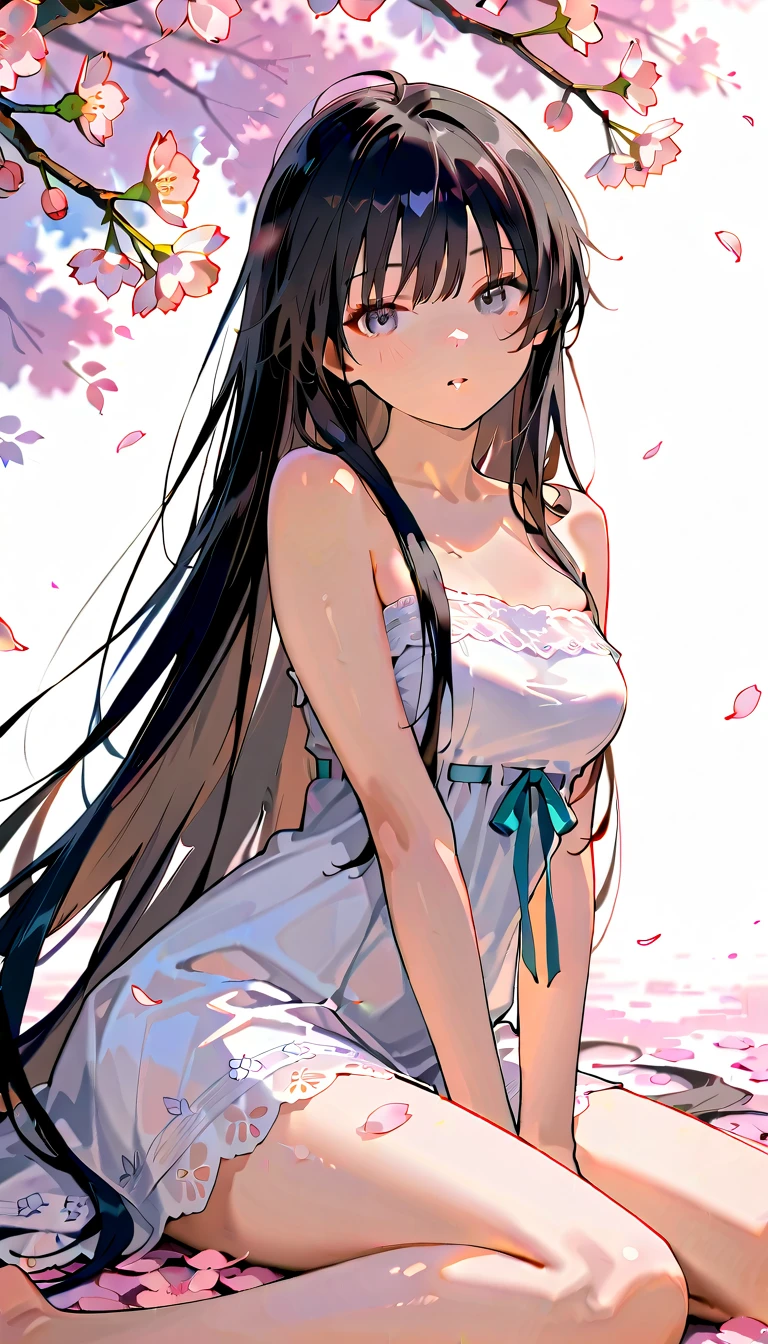 Lace,Ribbon,(masterpiece, Side Light, 精致beautiful灰色眼睛: 1.2), Medium breasts, Practical, Shiny hair,Black Hair,long hair, Glowing skin, Solitary, Awkward,Strapless,Beautifully,beautiful,garden,Flowers,Flying petals, Bare legs, Cherry blossoms, light, Composition, Rich expression