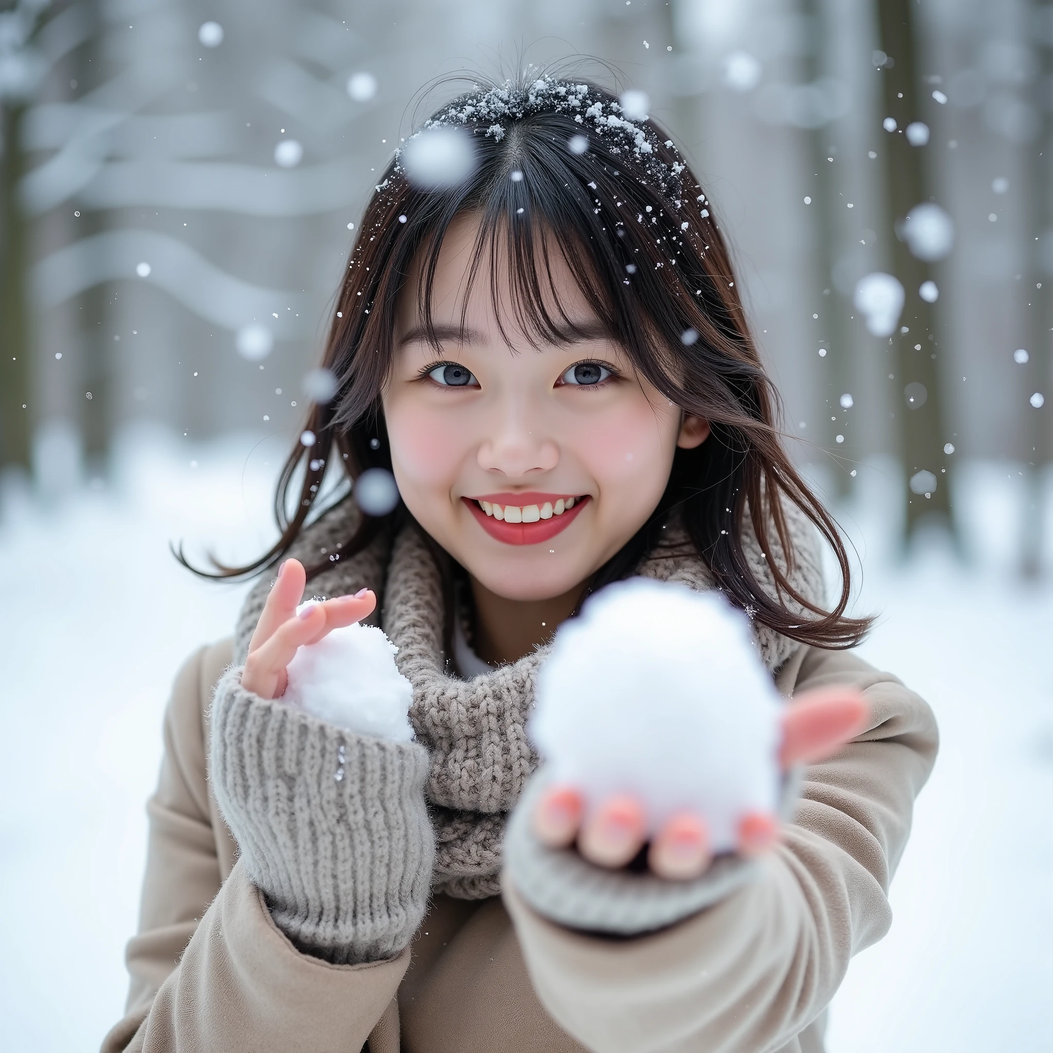 『 1 Japanese girl:1.3』『 REAL PHOTOS:1.3』 top quality:1.2、(( big breasts))、 I can see a little cleavage 、((young 20 year old woman ))、(( have red cheeks ))『 is showing teeth and laughing:1.9』、((( anatomically correct、 perfect anatomy in pool water、 anatomically correct指)))、 slender body, is present, top quality, ultra high resolution, RAW Photo , (Curvy body)、 full body,Idol-like appearance and smile,Background is snow,They're having a snowball fight,I have a snowball in my hand , wearing a scarf ,Wearing gloves, I'm wearing a brown coat