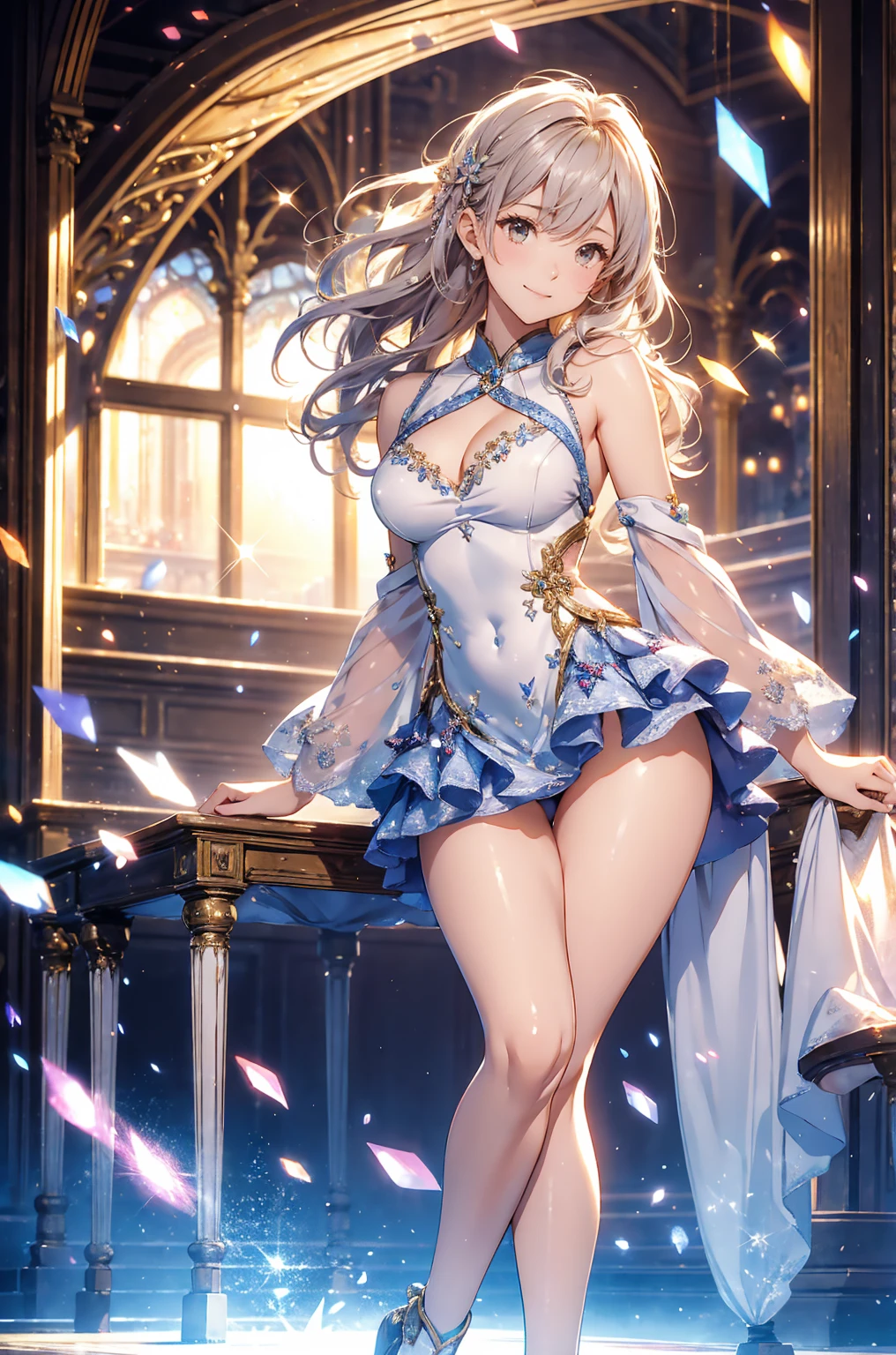 8-year-old girl, １people、Pajamas、Gold and silver thread embroidery、Translucent underwear that reaches below the knee（Bloomers）wear、wear a semi-transparent corset、Translucent slip