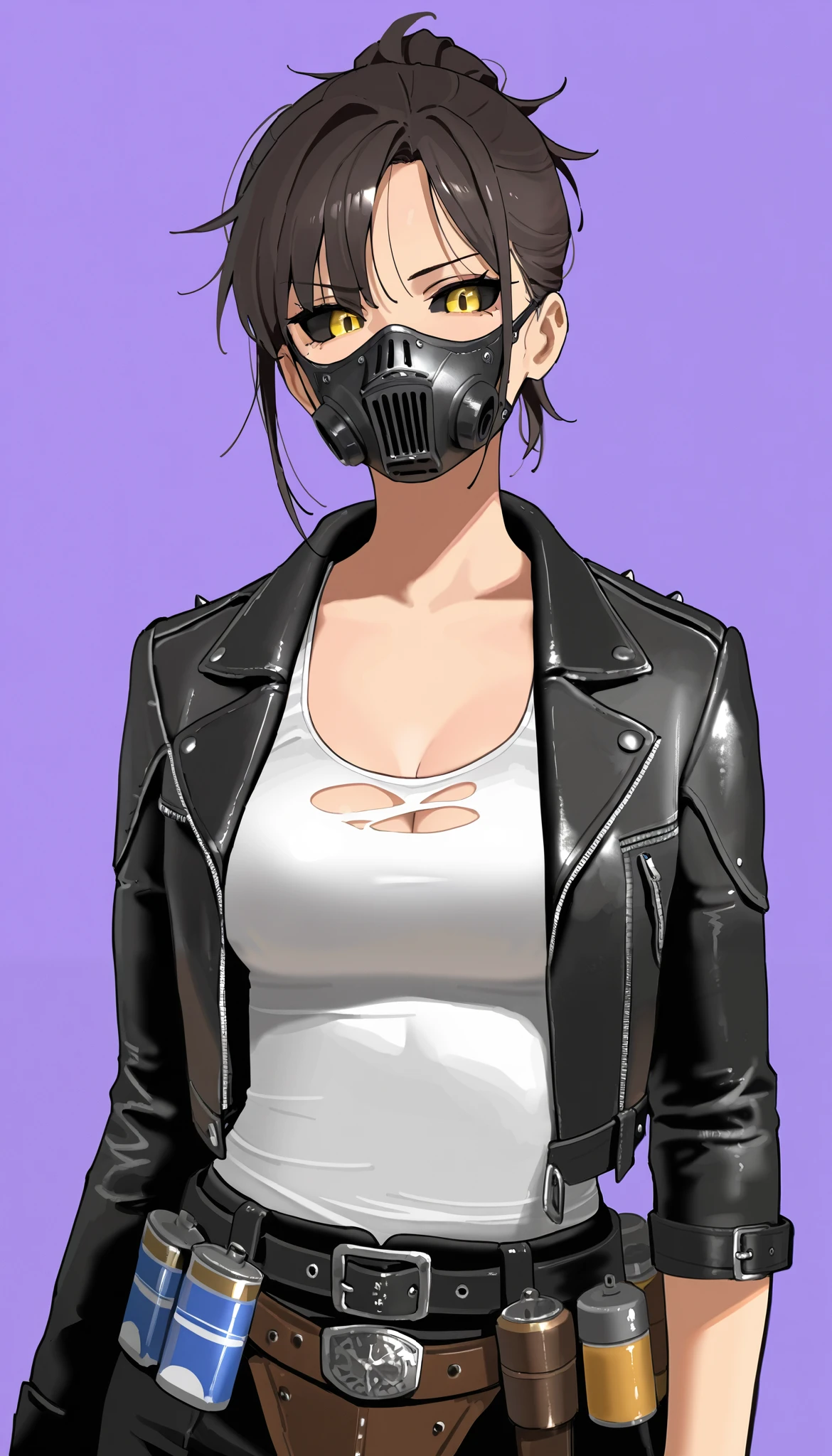 1girl, solo, (simple background), yellow eyes, black_sclera, purple background, (torn T-shirt), leather jacket, tank top, (upper body at the waist), tall woman, medium breasts, mad max clothes, upper body, ((Masterpiece)), (( top quality), high definition, detailed face , clean eyes, A mask on his face , an indignant face , (dinamic amature composition), (one thick pigtail), (medium breasts), random torn clothes, bundles of cartridges, a bunch of grenades