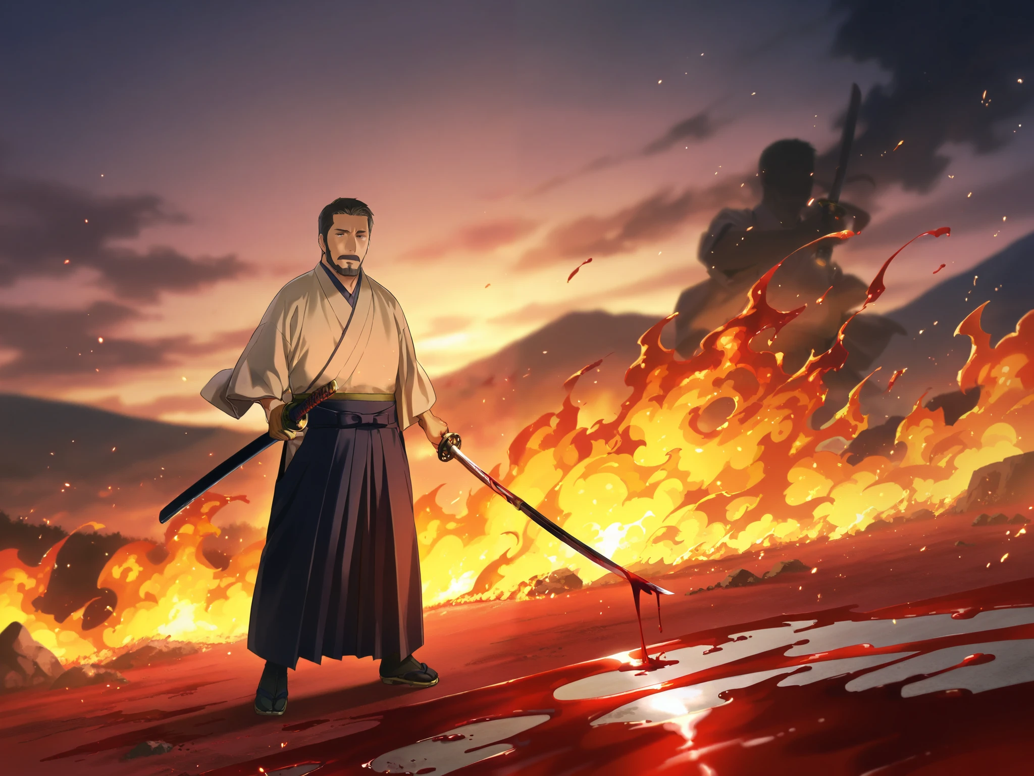 A mature man standing in((hakama )) in war field , (((holding katana covered in blood))), ground cover in fire and sparkling fire and fire particles flying