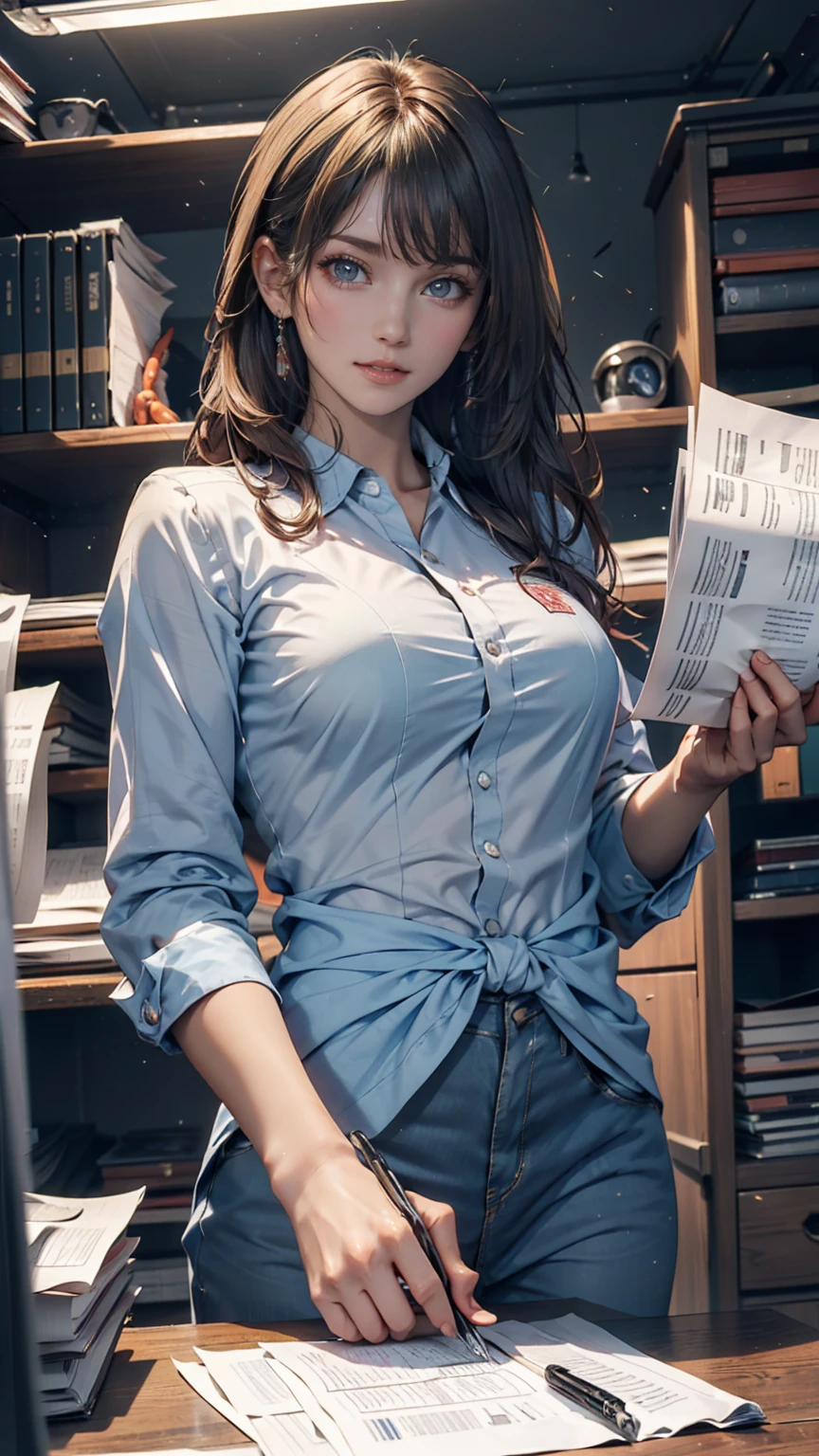 (masterpiece, best quality), 1 girl, curvaceous perfect body, nice breasts, wavy hair, hairband, glasses, printed blouse, pleated skirt, bracelet, necklace, library, natural lighting, standing pose, contrapposto, morning