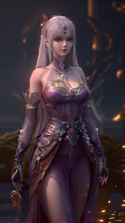 1girll, 独奏, tmasterpiece, CG, 8K, RAW photogr, pic, simple backgound, (looking at the camera in:1.2), Cowboy shooting, standing on your feet, posing on a, Hyper detailed skin, (Super detailed face:1.2), (Pink iris:1.3), eyeslashes, Black eyeliner, black eyeshadows, tiara crown, braidedhair, Tattoo on the forehead, short detailed hair, Golden hair, pony tails, beaturiful body, detailed outfits, long skirt, High slit, Separate the sleeves,big cleavage breasts, white stockings, kneeboots,