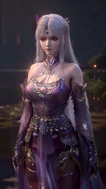 a close up of a woman in a purple dress holding a sword, a character portrait inspired by Lan Ying, trending on cg society, shin hanga, full body xianxia, katana zero video game character, lunar themed attire, game cg, yun ling, xianxia hero, as a character in tekken, warrior outfit, final fantasy character, fighting game character, (masterpiece:1.4), (8k, photorealistic, RAW photo, best quality: 1.4), japanese, beautiful face, (realistic face:1.4), (grey hair, high detailed hair :1.3), beautiful hairstyle, realistic eyes, beautiful detailed eyes, (realistic skin:1.3), beautiful skin, attractive, ultra high res, ultra realistic, highly detailed, golden ratio, (detailed face:1.4), (realistic medium breasts:1.4), (braless:1.4), perky_nipples, see-through outfit, transparent outfit, (nsfw:1.25)