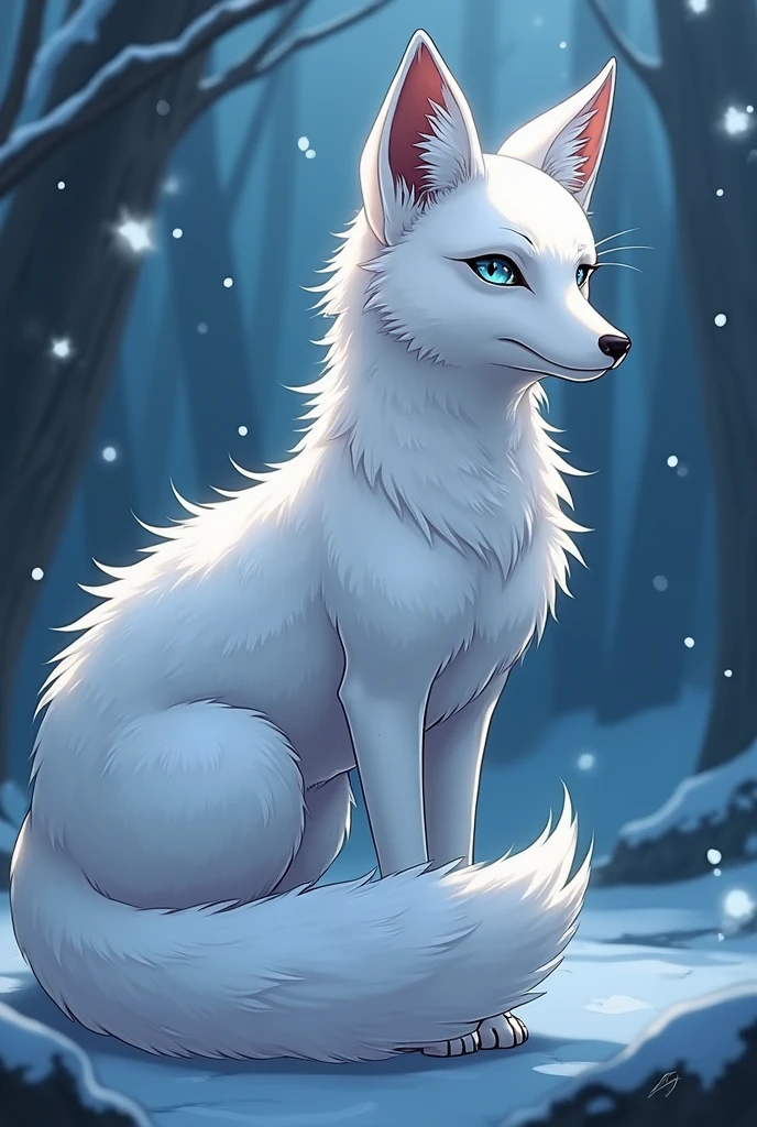 （（（White fox with 9 tails））））, feral, feral fox, Highest quality, Highest quality, High quality illustrations, masterpiece, Ultra-high resolution, Detailed Background, night, Absurd, Perfect Anatomy, performance, Good lighting, fox, white fur, NSFW, canine penis, presenting penis, looking at viewer, half-closed eyes, smug smile, smile, spread pussy, bodily fluids, side view