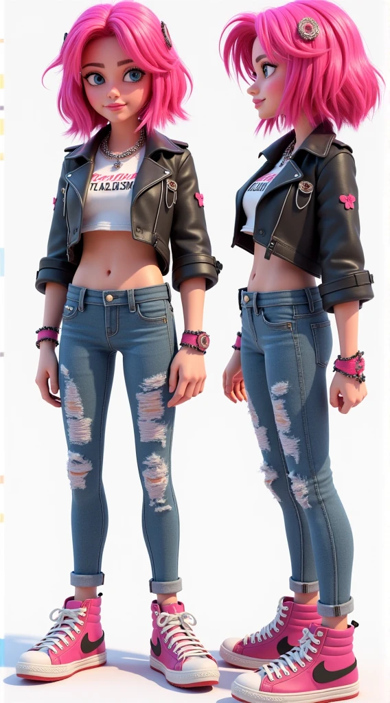 (((((a single woman))))), (((Rockeira))), (((lip piercing))), (((Large flare on lobes))), Roupa de banda na cor preto, wearing a jacket but not a t-shirt, (((Cabelo rosa no estilo emo girl))), medium breasts, (((pulseira com spikes))), brass knuckles necklace, ((((tatuagem na barriga escrito SENTIINEL cor vermelha)))), (((Torn pants))), ((((tattoos on arms and face))))