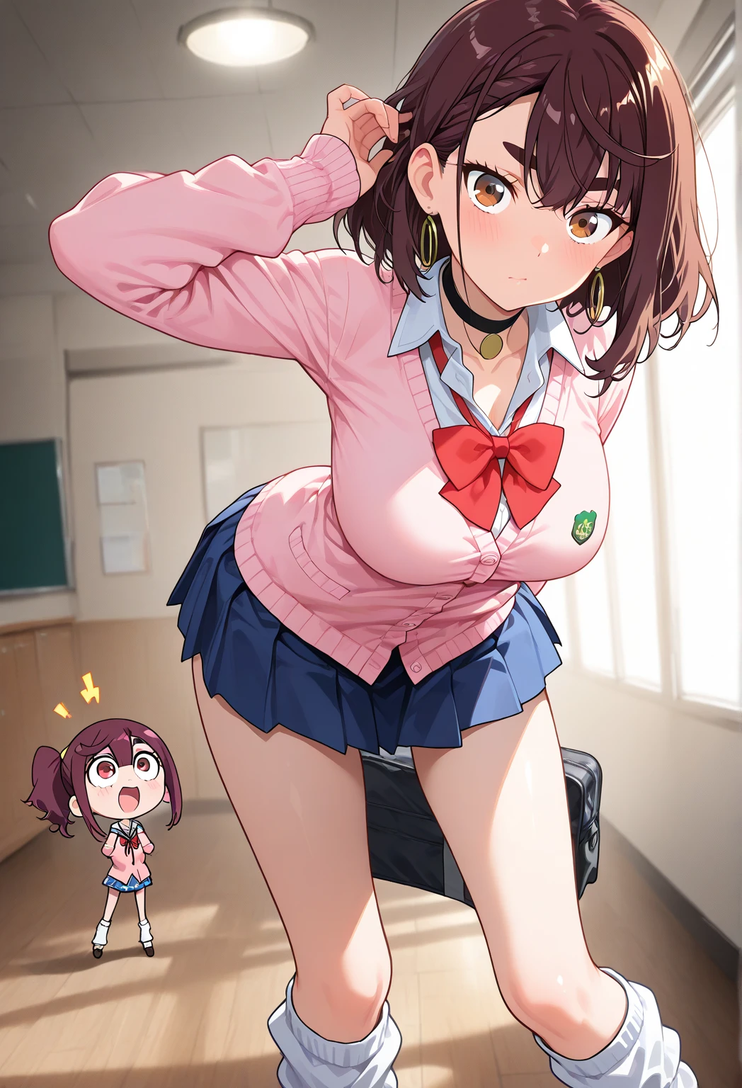 Solo girl, one girl , kawaii, pigtails, brown hair, knee socks, grinning, playful, innocent and pure, adorable girl, lewd, stripe panties, no clothes, backpack, hair bow, panties, , 2000’s anime style ( body) (very thin) (no curves)