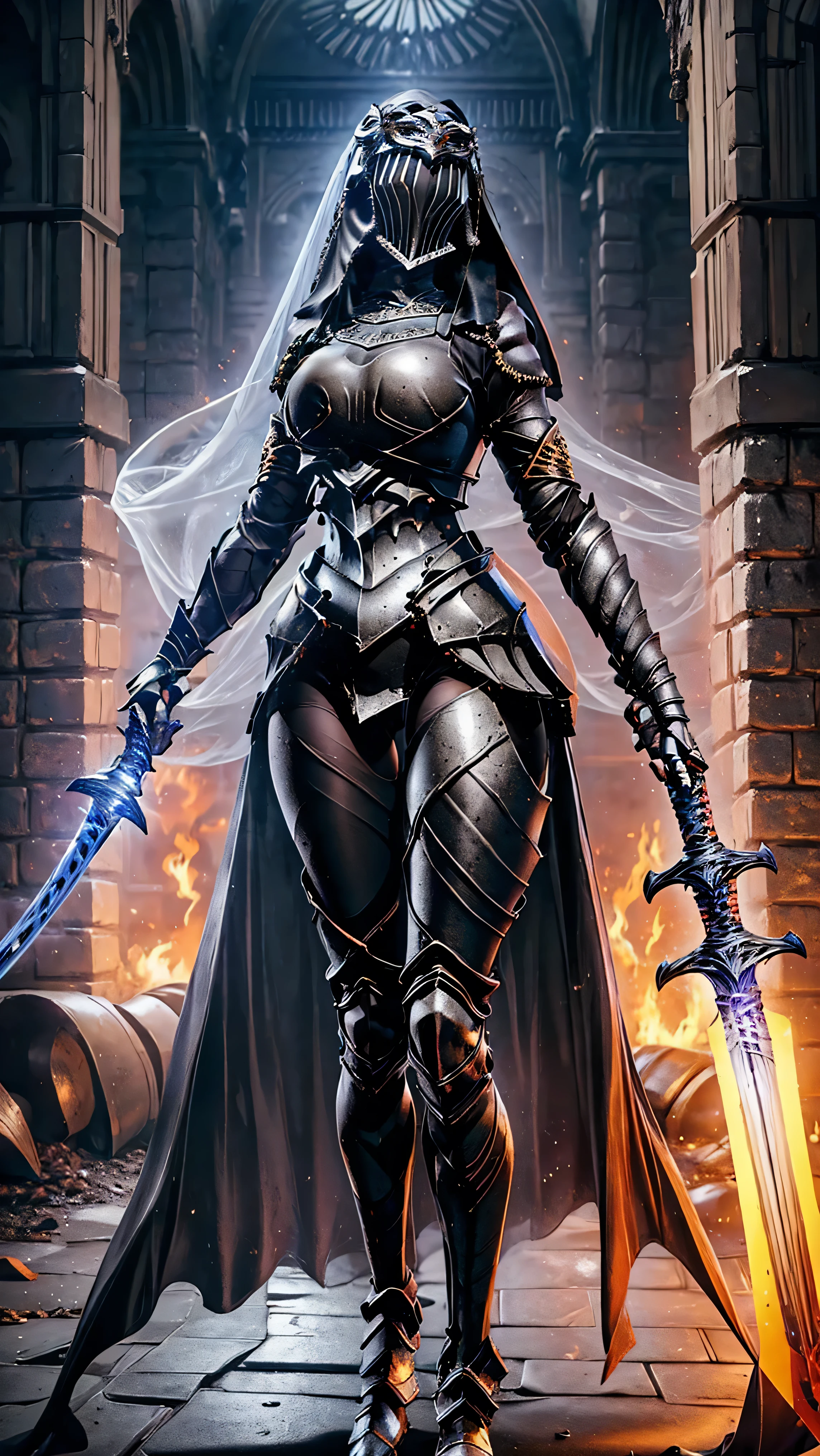 NSFW, 1 girl, Alone, 8k, maximum quality, artwork, super high resolution, realistic, cinematic, full body viewer, full armor, leme, talk, knight, Twin Sword, pantyhose, blue veil, hair ornament, big , thick thighs , The ultimate beautiful lady knight, Sexy lady knight, neve