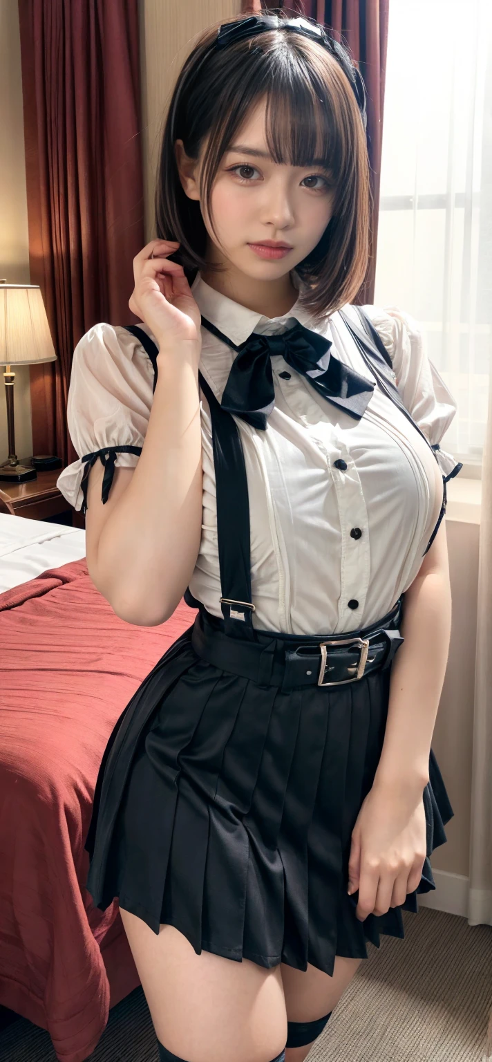 Black skirt, Tank Tops suspenders, Brown hair Gray eyes, Garter belt on the legs, Tight clothes, a belt Armpit sweat deadpan large full breasts short-cut